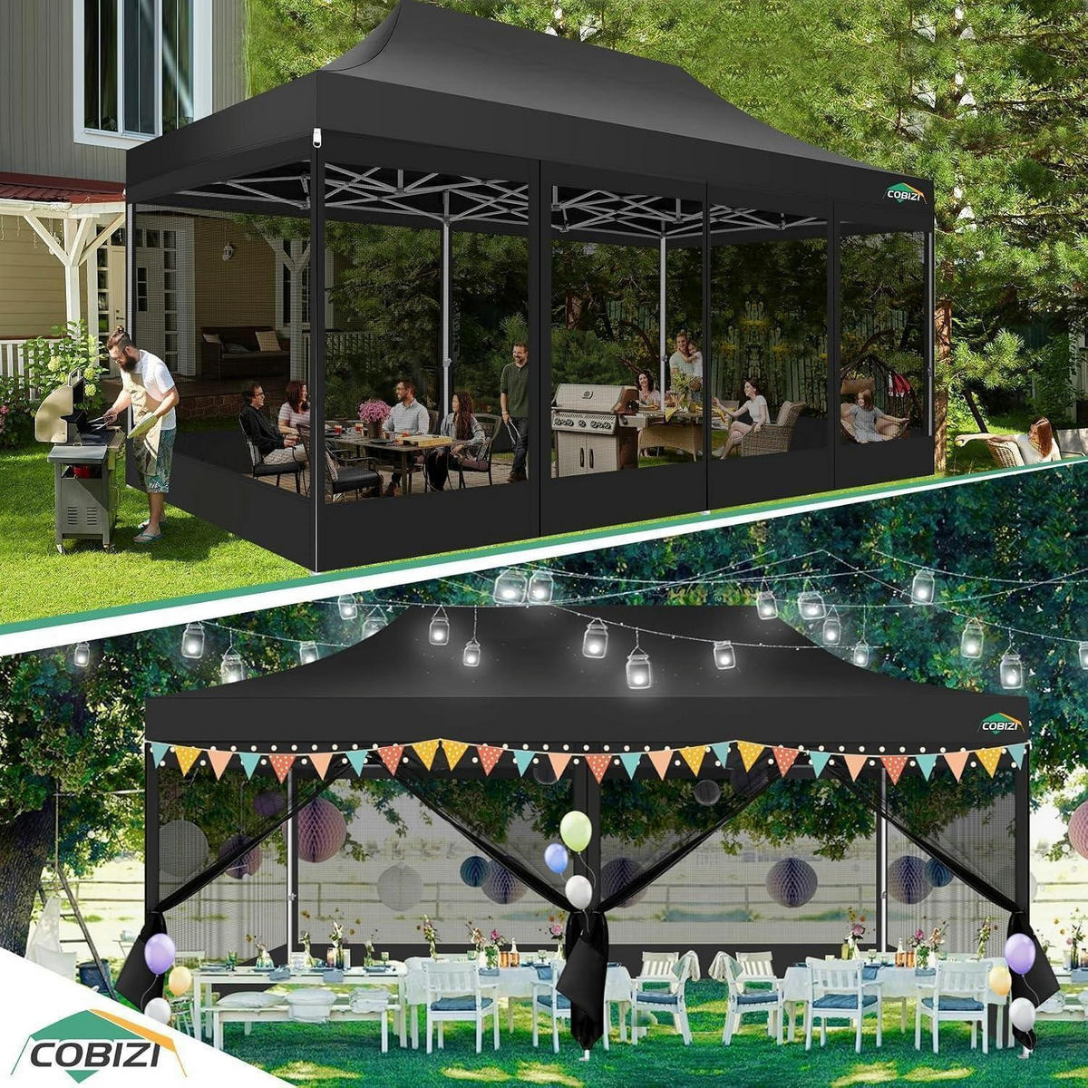 FALTPAVILLON 3x6 m mit Netzseitenwänden Schwarz - Schwarz, Textil (300/355/600cm)
