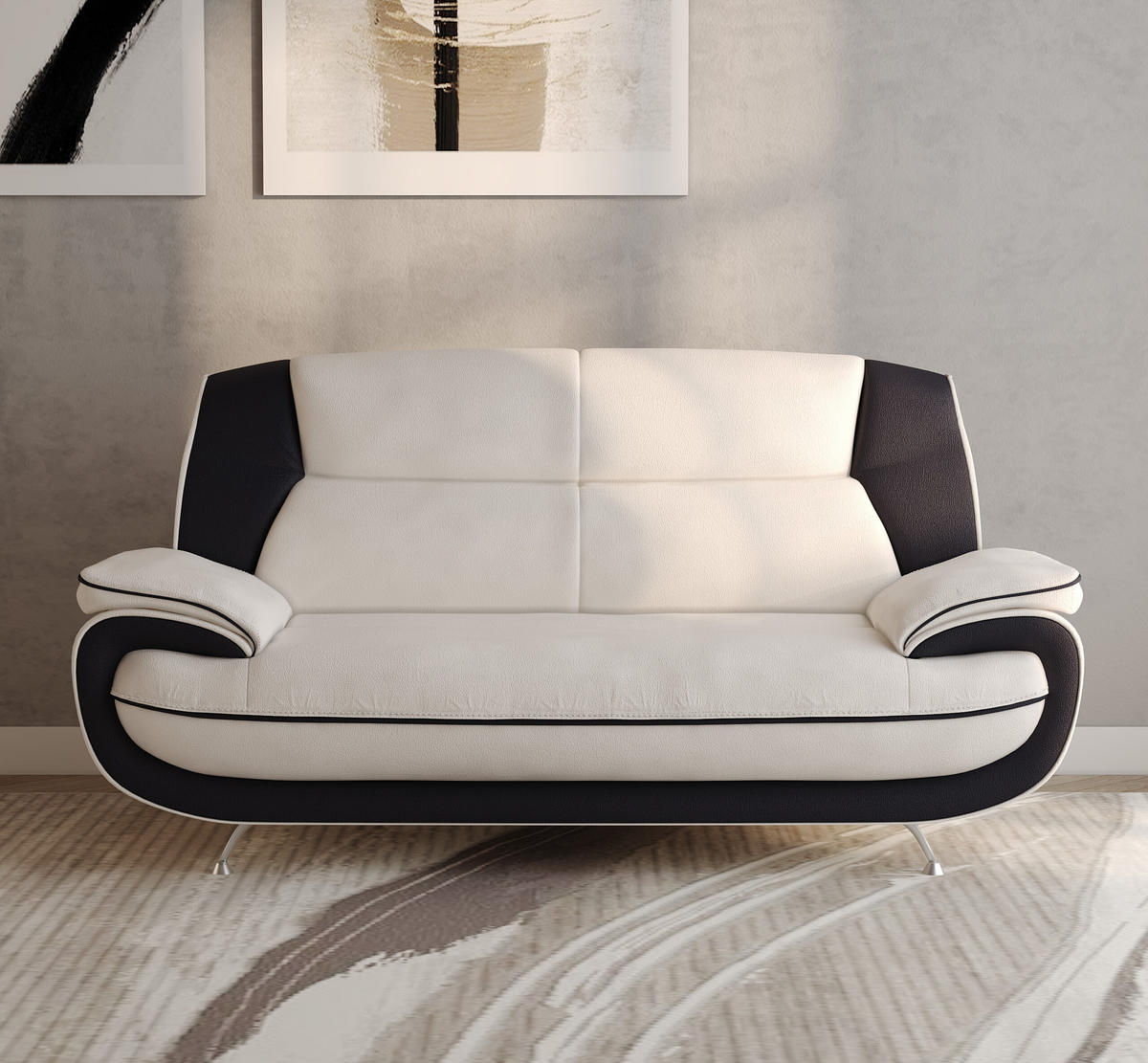 SOFA 2-Sitzer, Stoff Soft, Weiß + Schwarz, Palermo - Weiß, Holz (168/89/87cm) - Kaiser Möbel