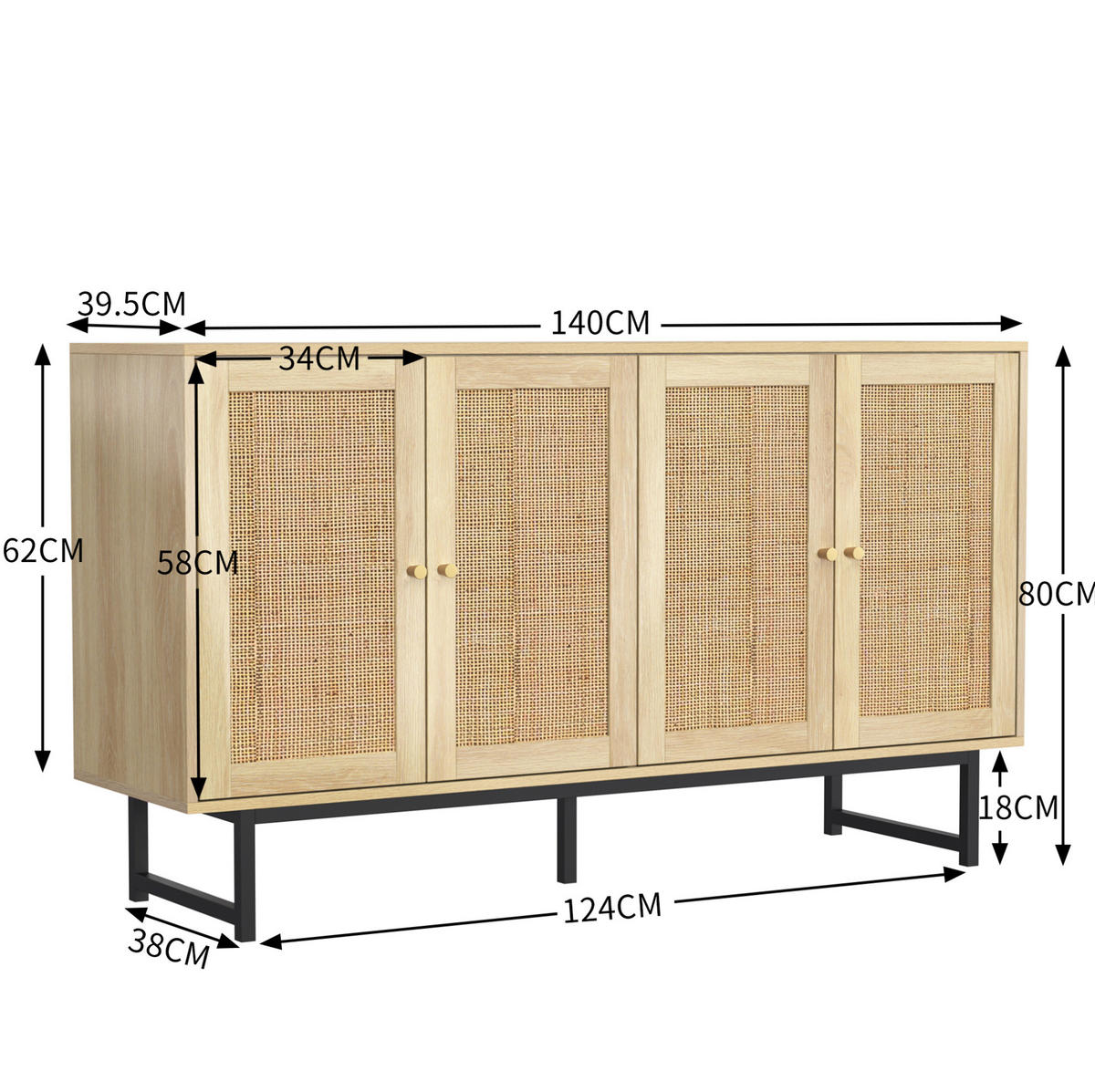 SIDEBOARD 140/39.5/80 cm Holzfarbe aus Spanplatte mit Rattangeflecht - Naturfarben, Holzwerkstoff (39.5/80/140cm) - OKMYHOME