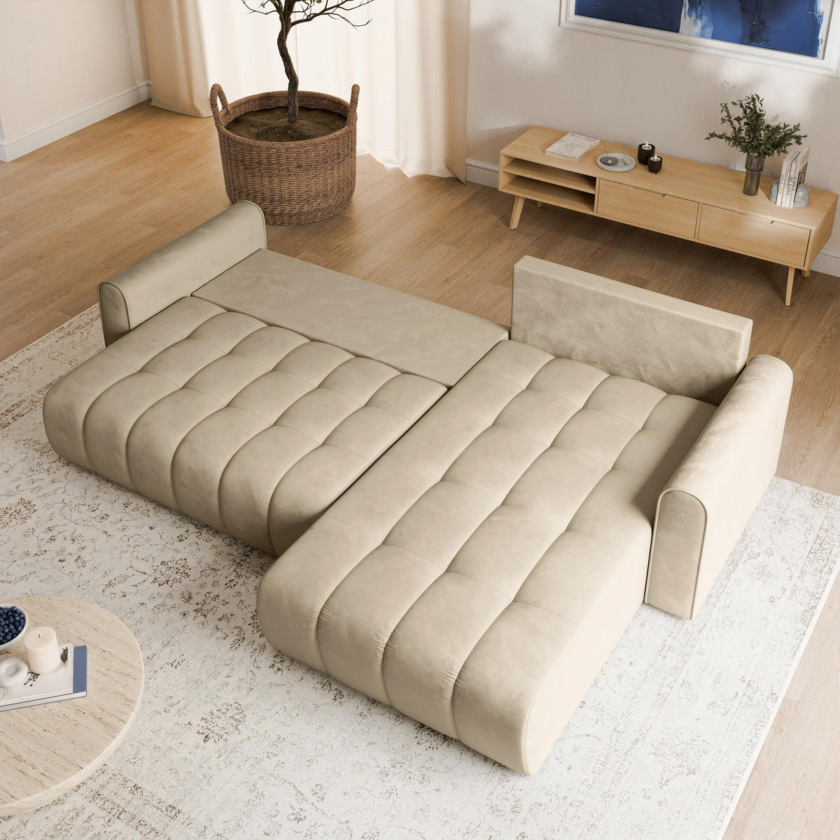 ECKSOFA FRIGA Creme Velours-Stoff mit Schlaffunktion - Creme, Holz (283/185cm) - MASSENO