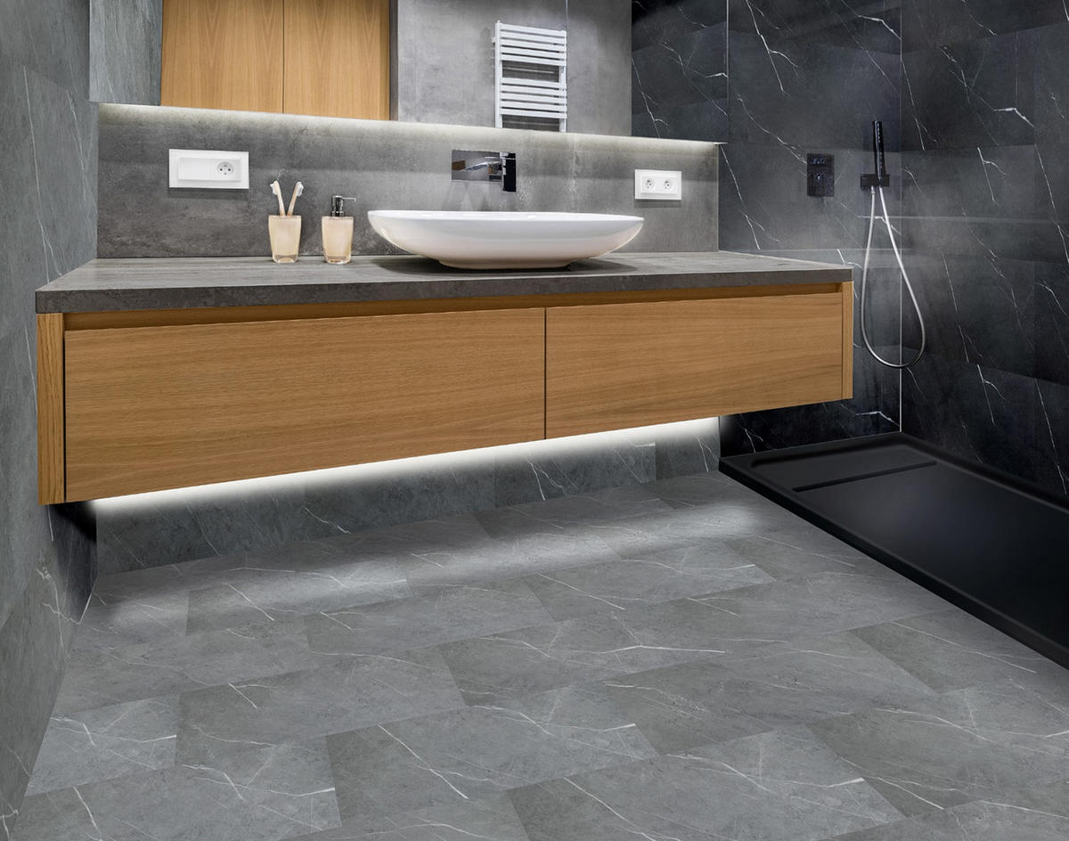 AQUA Click Tiles - Wasserdichte Wandpaneele und Bodenpaneele für Badezimmer - Hawick - grau - 12 Paneele (2,23m²) - Grau, Kunststoff (61/30.5/0.4cm) - Aqua-Step® 