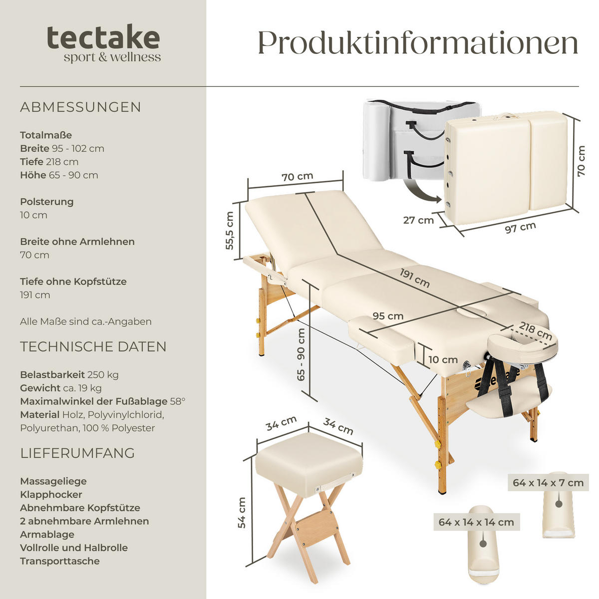 MASSAGELIEGE-SET 3 Zonen, 218 x 102 x 90 cm,beige - Beige, Holz (102/90/218cm) - tectake