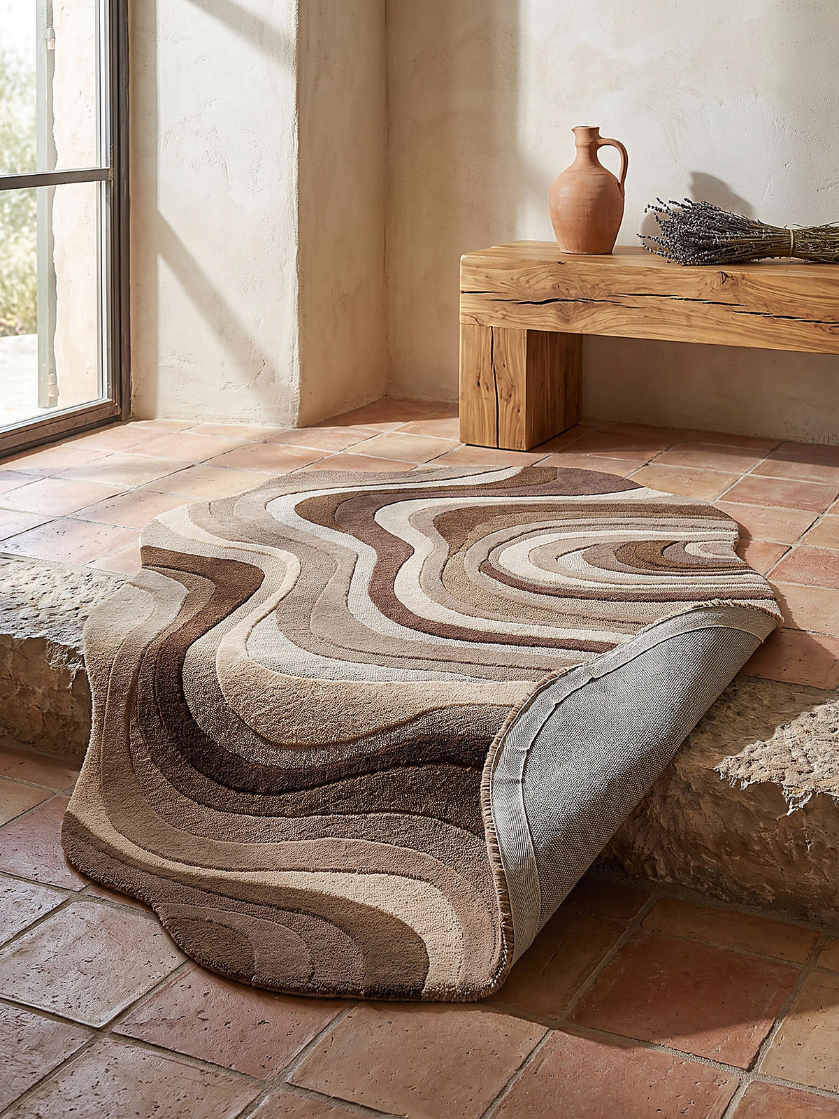 TEPPICH aus Wolle, handgetuftet, EFFRA, in Natur, Wellen-Swirl, 140 x 200 cm - Beige, Textil (140/200cm) - KADIMA DESIGN