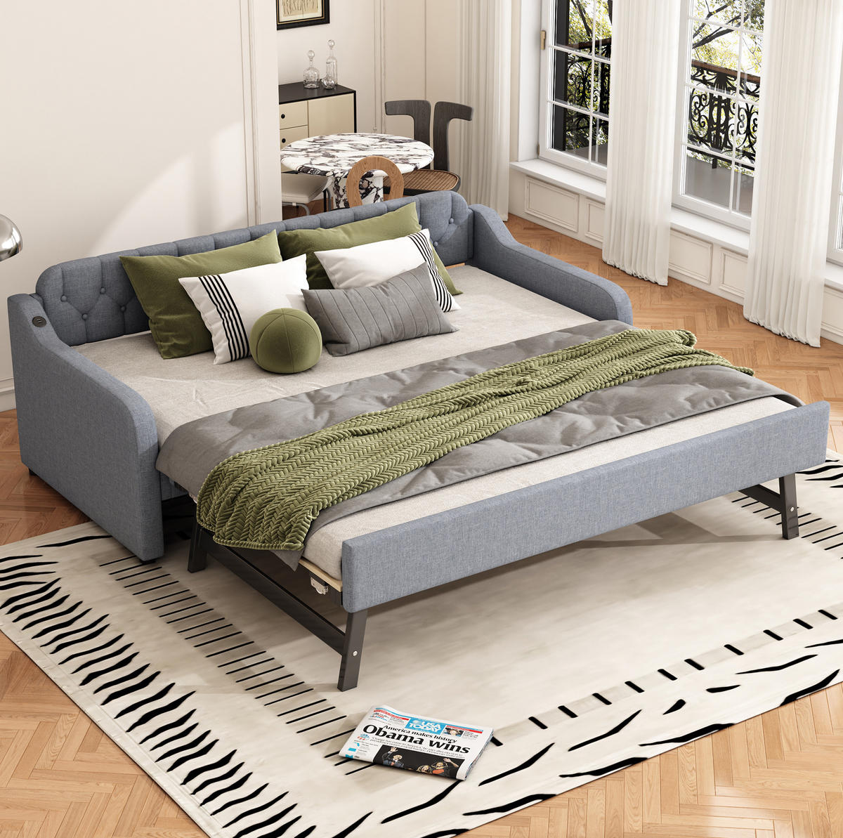 POLSTERBETT 90/200 cm mit Polsterbett und USB-Anschluss, Grau - Grau, Textil (90/200cm) - Flora Grace