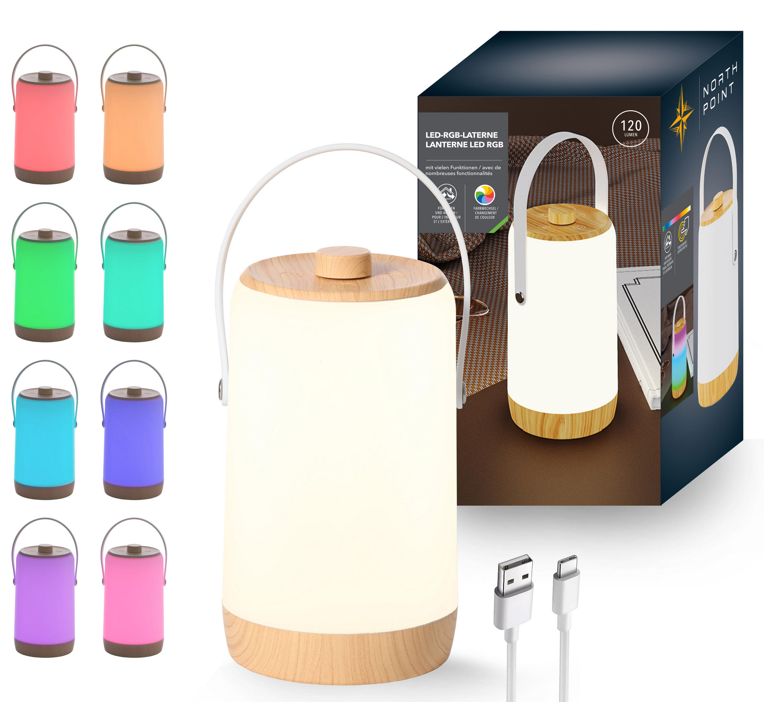 LED-AKKU-LATERNE - dimmbar mit warmweißem und buntem RGB-Licht, Soundsensor und Holzhenkel für Garten und Terrasse, 1er-Set - Weiß, Kunststoff (10.3/10.3/17.3cm) - Northpoint
