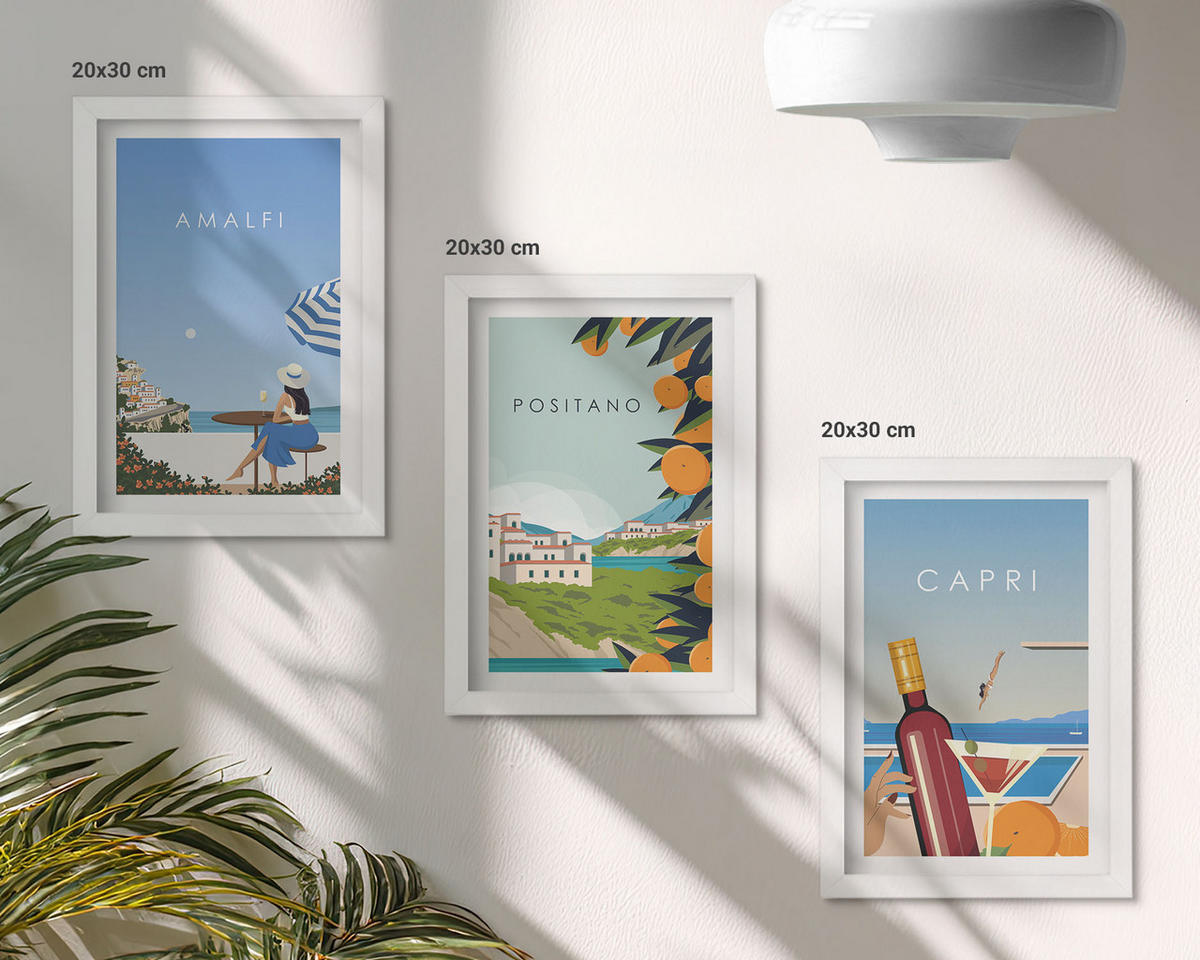 BILDER SET 3er Set - 20x30 cm Weißer Rahmen - Amalfi, Positano und Capri - Weiß, Kunststoff (20/30cm) - TULUP
