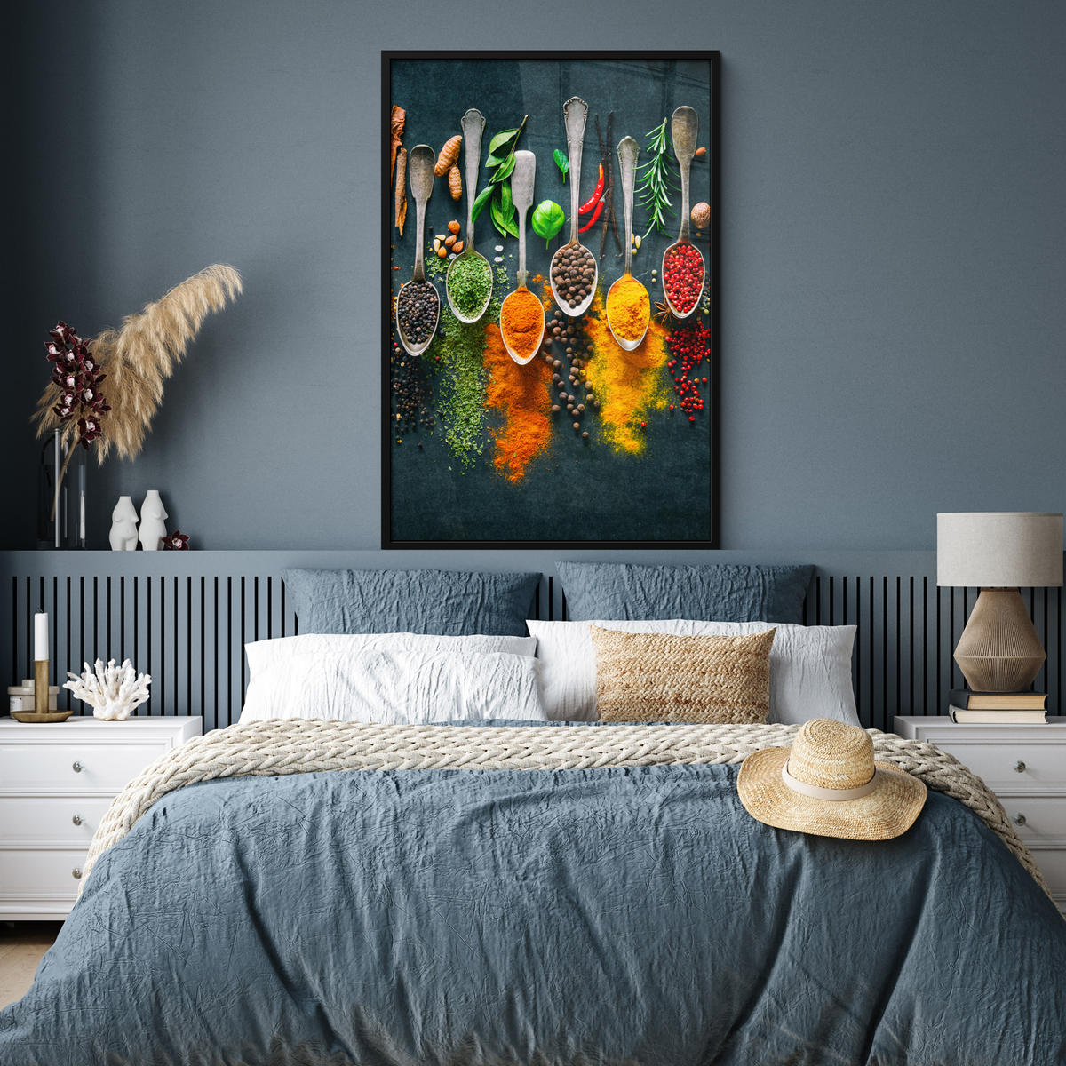 GERAHMTES BILD Kräuter - Gewürze - Löffel 80x120 cm - Currygelb, Papier (80/120cm) - MuchoWow