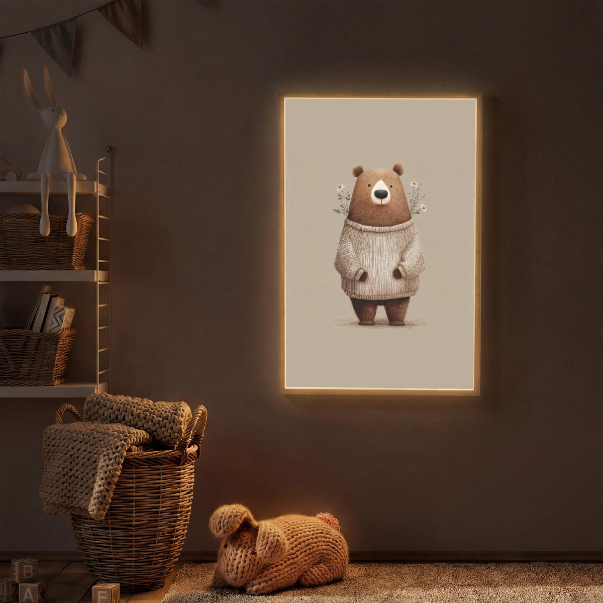 NACHTTISCHLAMPE MIT AKKU Bär - Weiße Blumen - Gemütlich 60x90 cm - Taupe, Holzwerkstoff (8/60/90cm) - OnlyWow