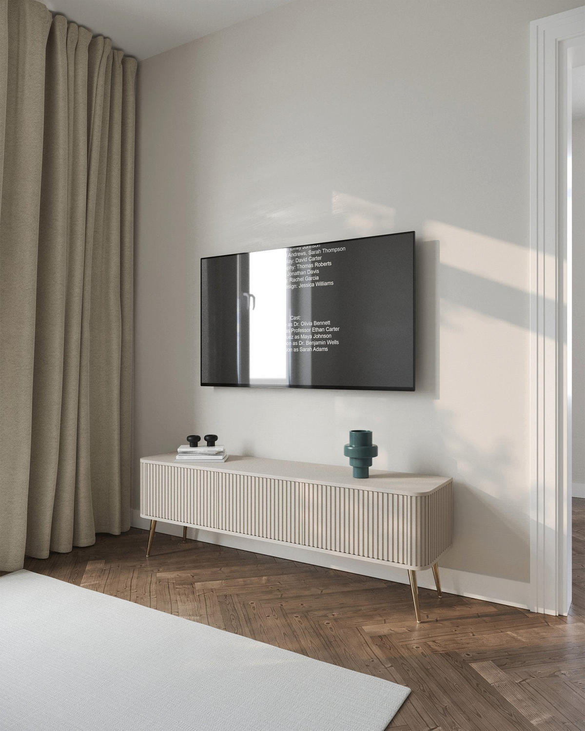 TV stolík Ovarlo sivobéžový s drážkovanými čelami 3-dverový 163/49/38 cm - zlatá/taupe, kov/kompozitné drevo (163.2/49.2/38cm) - Selsey