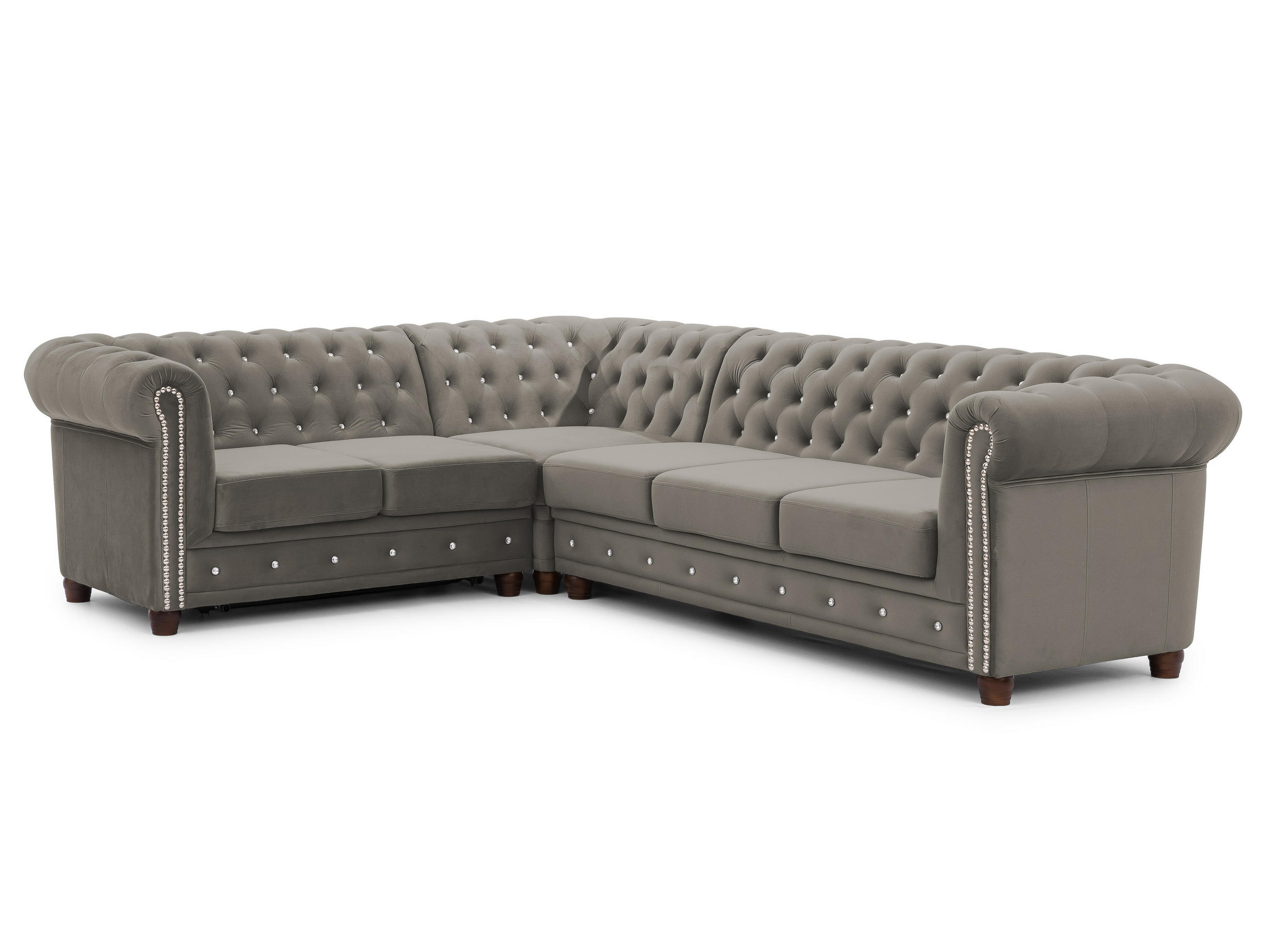 ECKSOFA mit Schlaffunktion Chesterfield Marineblau Samt mit Kristallsteppung und braunen Massivholzfüßen - Ottomane Links - Blau/Braun, Holz/Textil (264/210cm) - S-Style Möbel