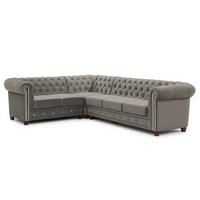 ECKSOFA mit Schlaffunktion Chesterfield Marineblau Samt mit Kristallsteppung und braunen Massivholzfüßen - Ottomane Links - Blau/Braun, Holz/Textil (264/210cm) - S-Style Möbel