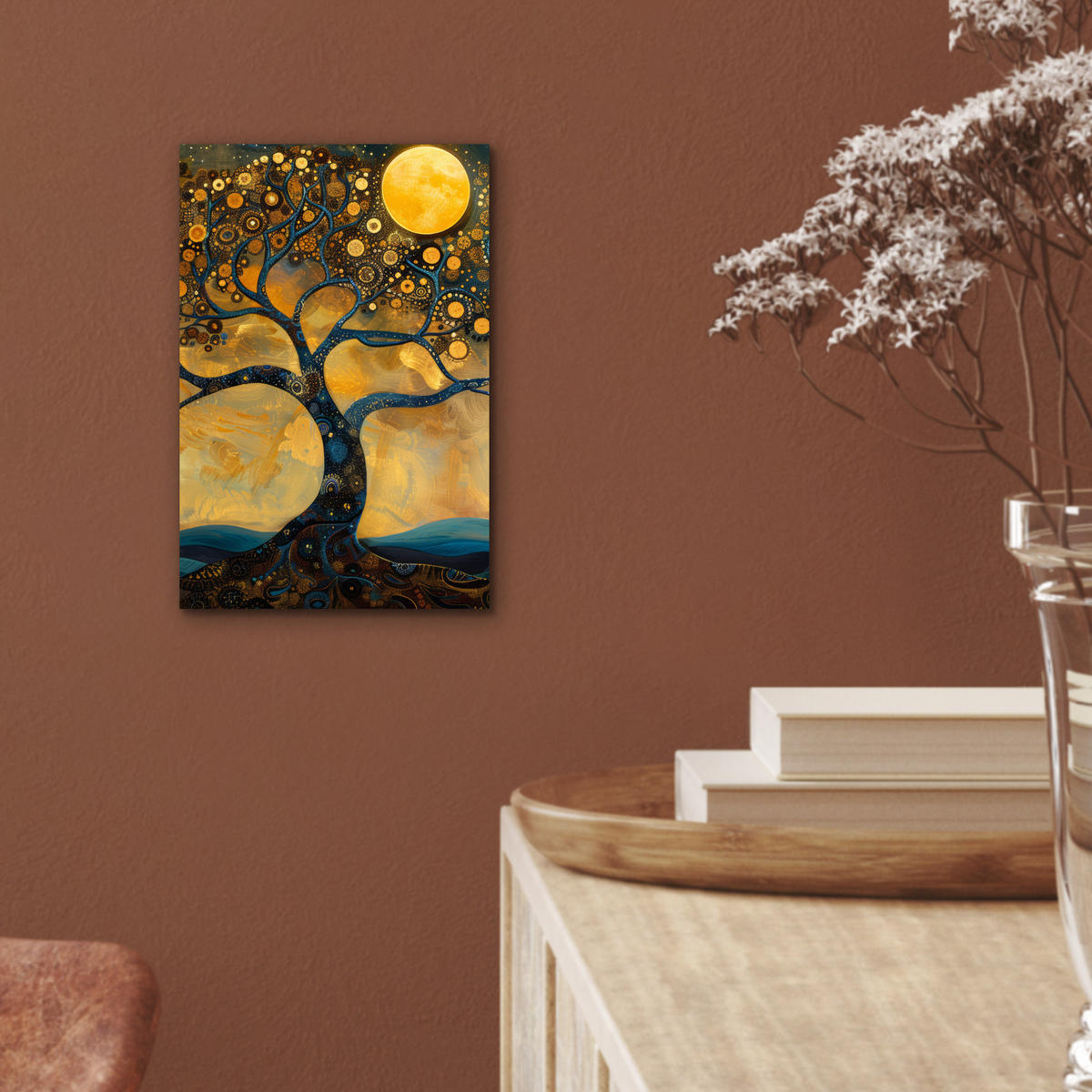 METALLBILD Baum - Mond - Blumen - Gold - Kunst 20x30 cm - Orange, Metall (20/30cm) - MuchoWow