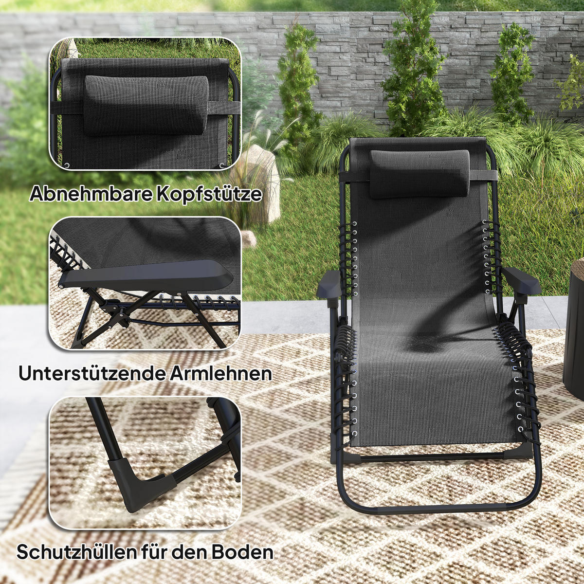 SONNENLIEGE klappbar Gartenliege mit Kopfkissen, Liegestuhl Campingliege Schwarz - Schwarz, Metall (65/112/90cm) - Outsunny