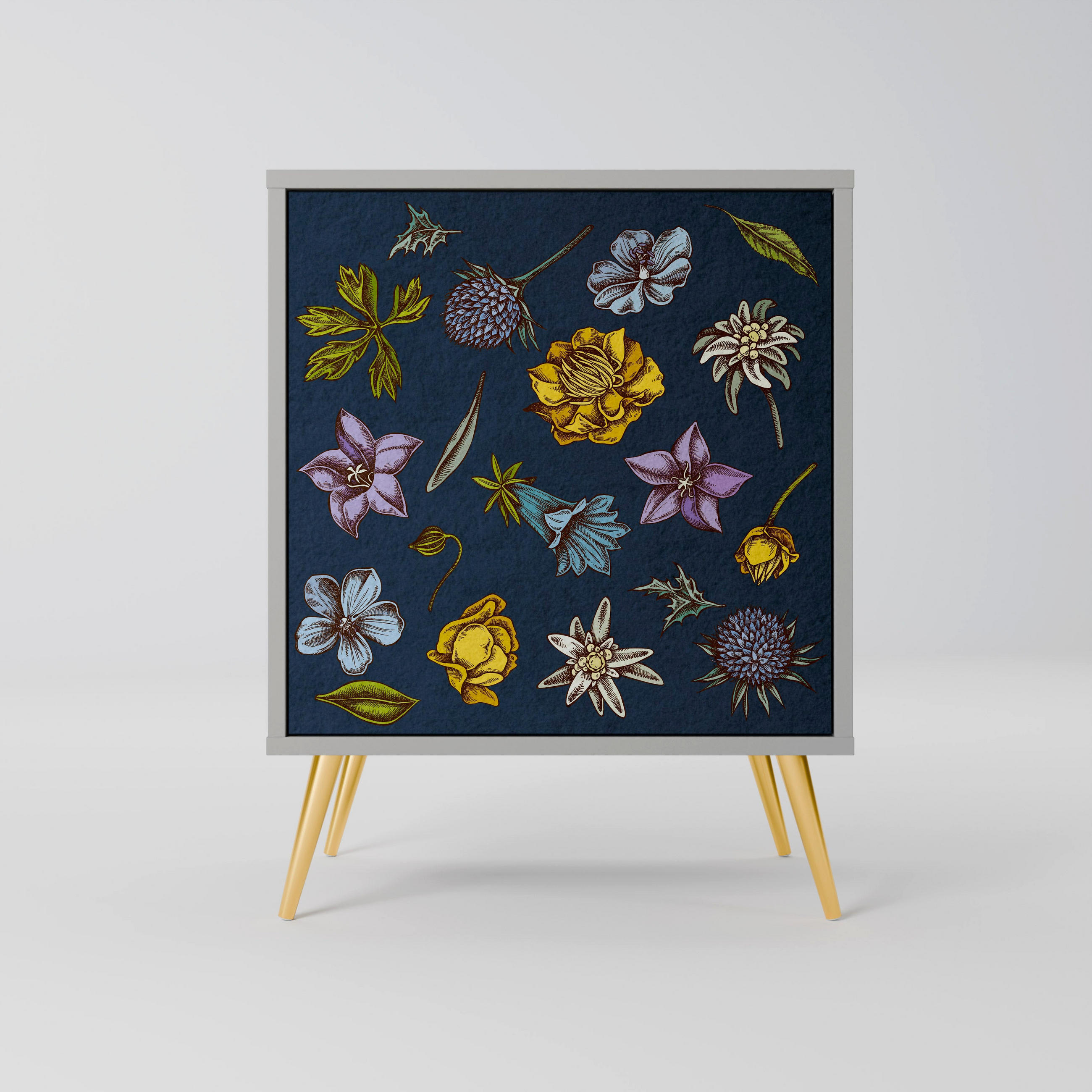 SIDEBOARD FLOWERS ON NAVY BLUE, Grau, 57,5x42x75,5 cm, Goldfarbene Metallfüße - Goldfarben/Multicolor, Holzwerkstoff/Metall (57.5/75.5/42cm) - SpaceRebels