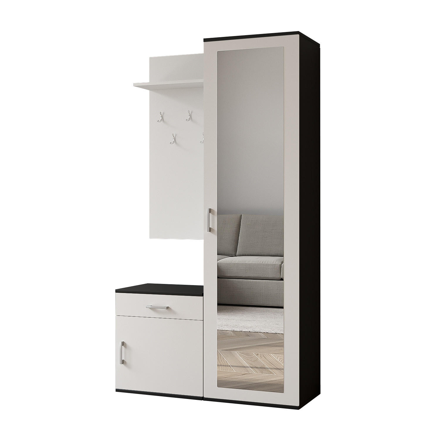 GARDEROBE Patricia 100 cm mit Spiegel, mit Schuhschrank und Schublade, schwarz, weiß - Schwarz/Weiß, Kunststoff (100/181/35cm) - Margaret Hadas24