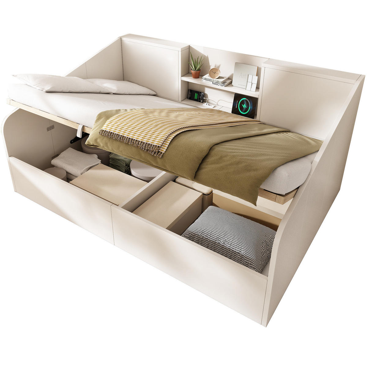 POLSTERBETT 140x190 cm in Weiß mit USB/Typ-C-Ladestation & Stauraum - Weiß, Holzwerkstoff (140/190cm) - Modfu