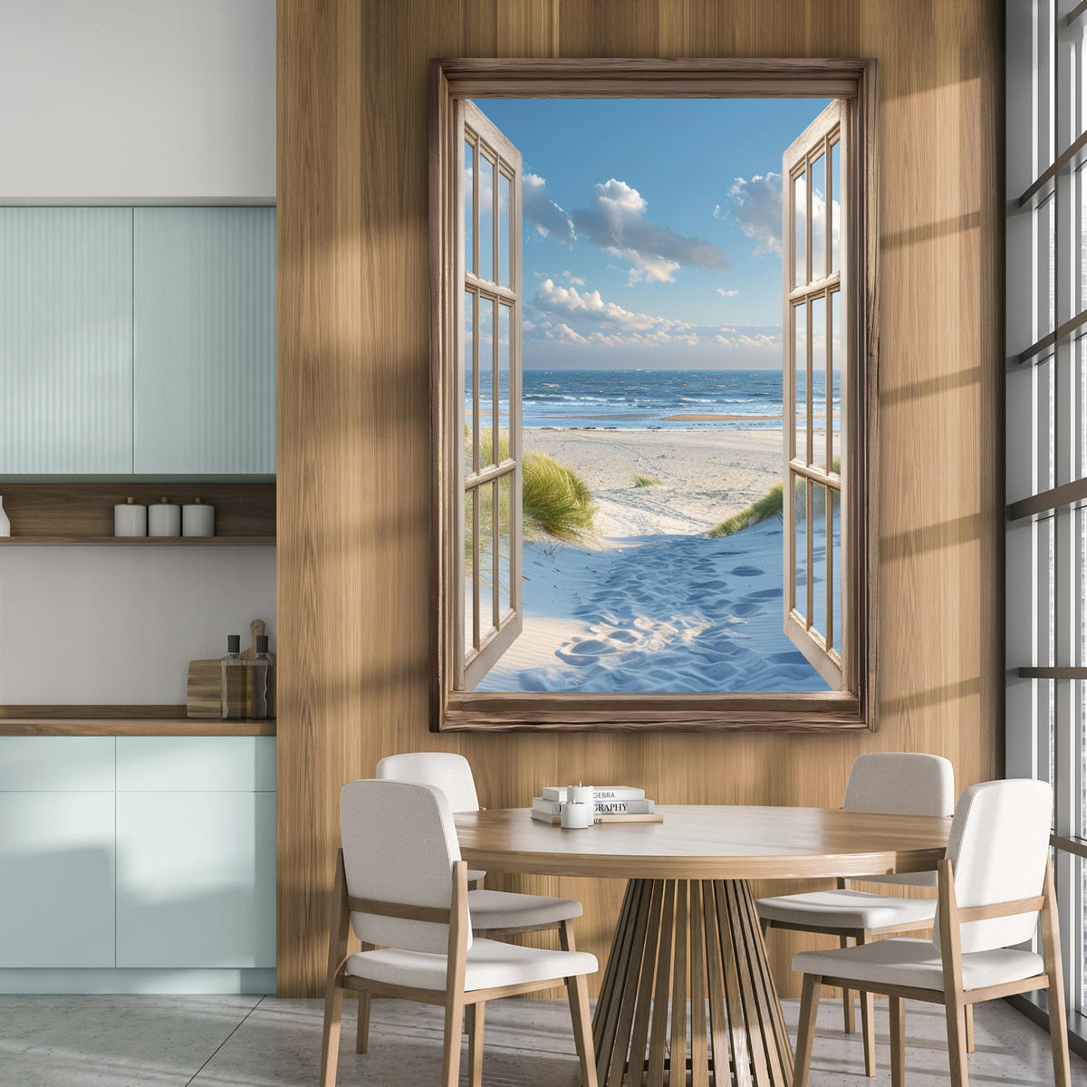 LEINWANDBILD Aussicht - Strand - Fenster - Dünen - Meer Deko Groß 90x140 cm - Hellblau, Textil (90/140cm) - MuchoWow