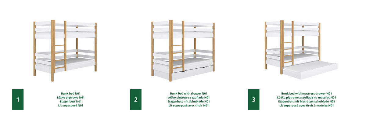 ETAGENBETT N01 mit Matratzenschublade Weiß / Eiche Natur 80/200 - Eiche Artisan/Weiß, Naturmaterialien/Holz (80/200cm) - N-Wood