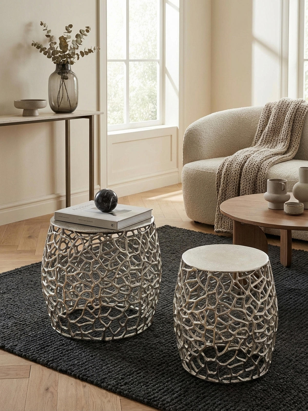 BEISTELLTISCH Set – Silber Aluminium Aststruktur vielseitig einsetzbar - Silberfarben, Metall (46/46/42cm) - KADIMA DESIGN