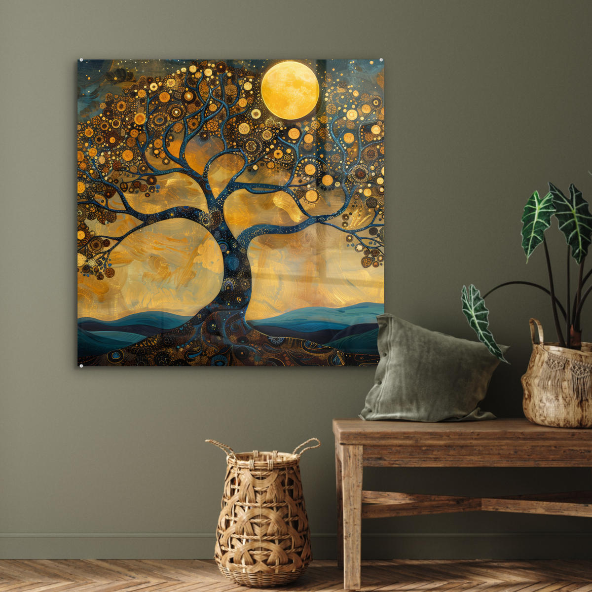ACRYLGLASBILD Baum - Mond - Blumen - Gold - Kunst 90x90 cm - Orange, Glas (90/90cm) - MuchoWow