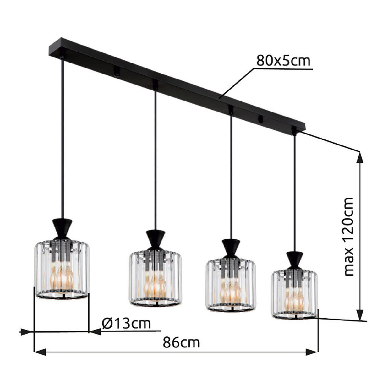 HÄNGELEUCHTE Kristall Klar Schwarz - Schwarz, Metall (86/13/120cm) - Globo Lighting