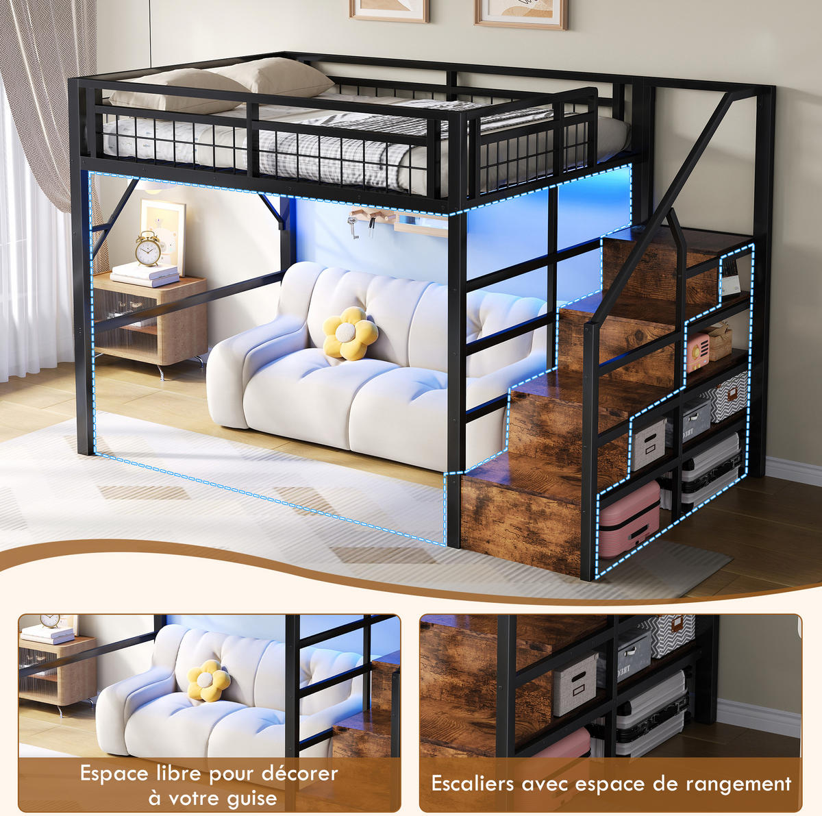 HOCHBETT 140/200 cm Schwarz mit LED-Lichtleiste und Stauraum - Schwarz, Metall (140/200cm) - MIVRAY