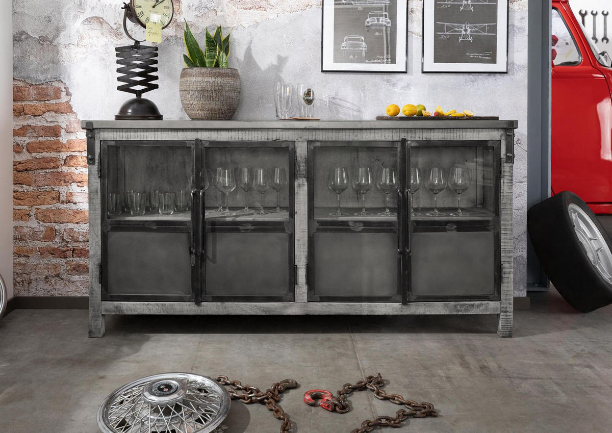 SIDEBOARD Mango 180x40x90 grau lackiert HEAVY INDUSTRY #150 - Grau, Holz (180/90/40cm) - Massivmoebel24