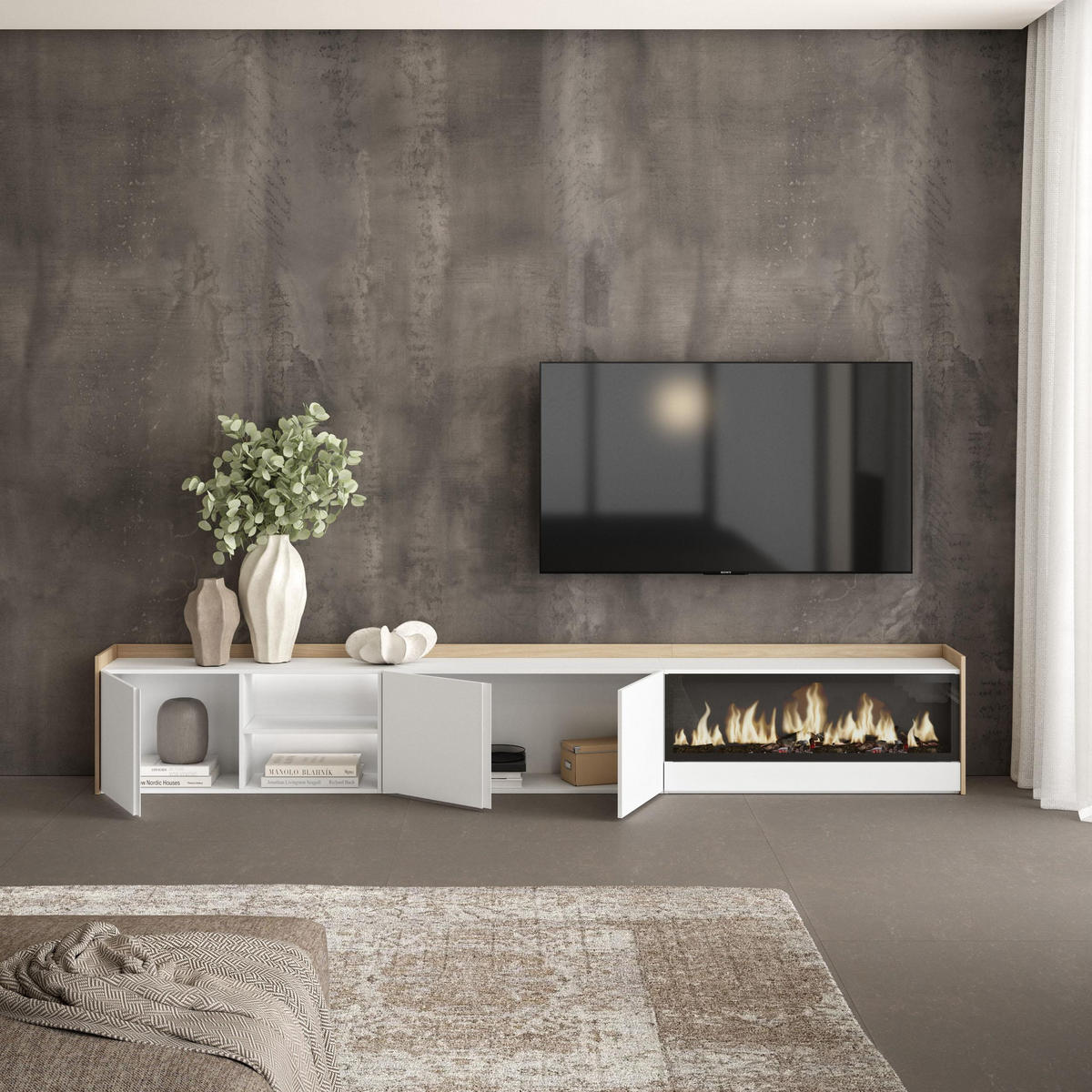 LOWBOARD, Weiß und Eiche, 315/35/50cm, Kamin mit Feuereffekt XXL - Weiß, Holzwerkstoff (315/50/35cm) - Skraut Home