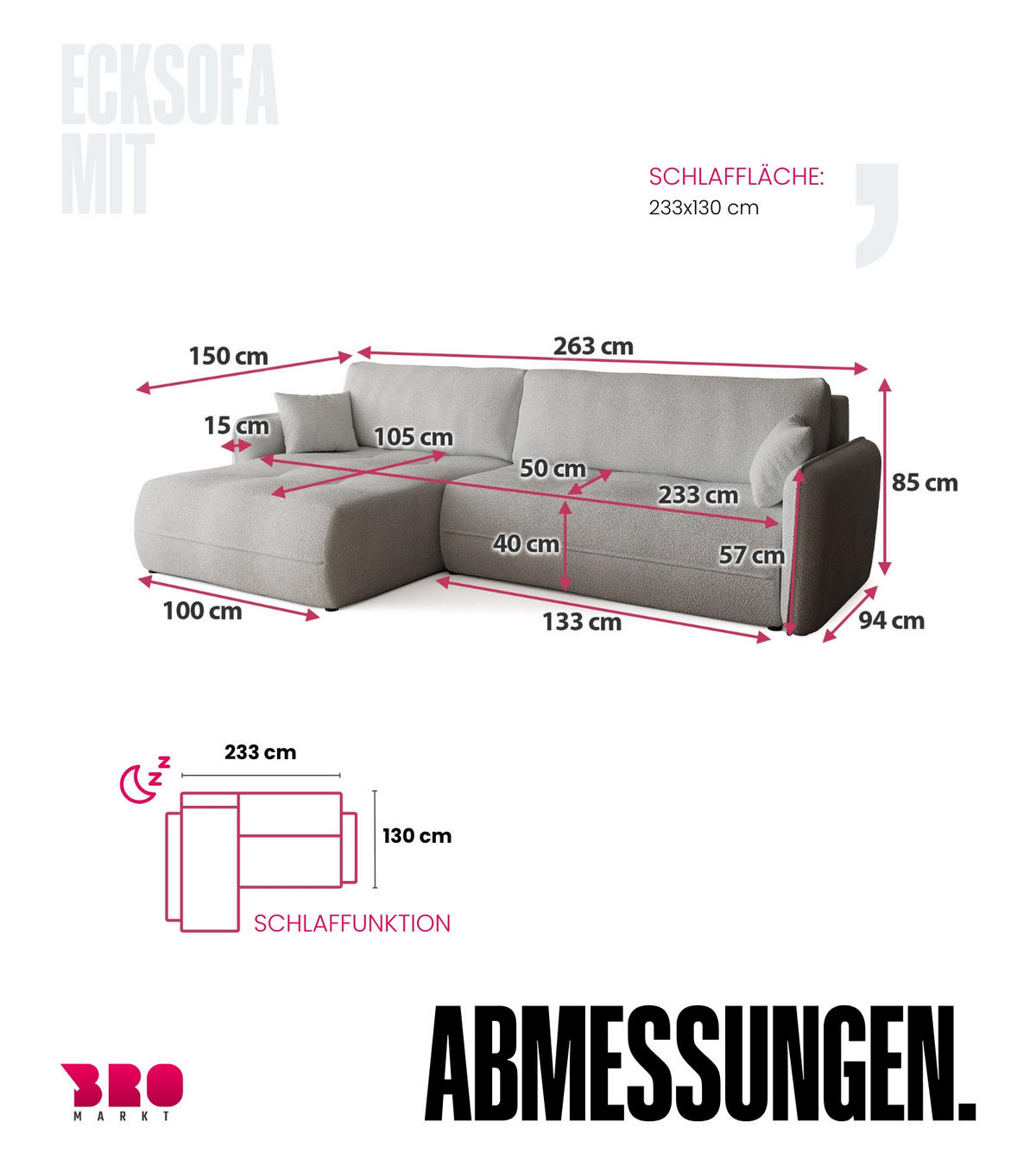 ECKSOFA CLAUDIO mit Schlaffunktion Grau - Grau, Textil (263/150cm) - Bromarkt
