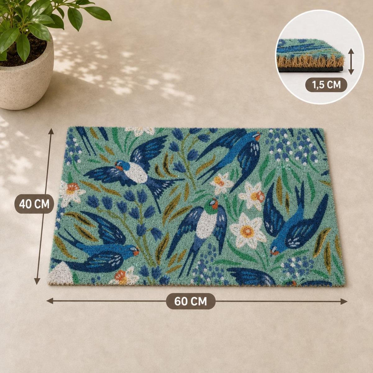 FUSSMATTE Bunt Schwalbenmotiv 60x40 cm - Multicolor, Kunststoff/Textil (60/40cm) - Relaxdays