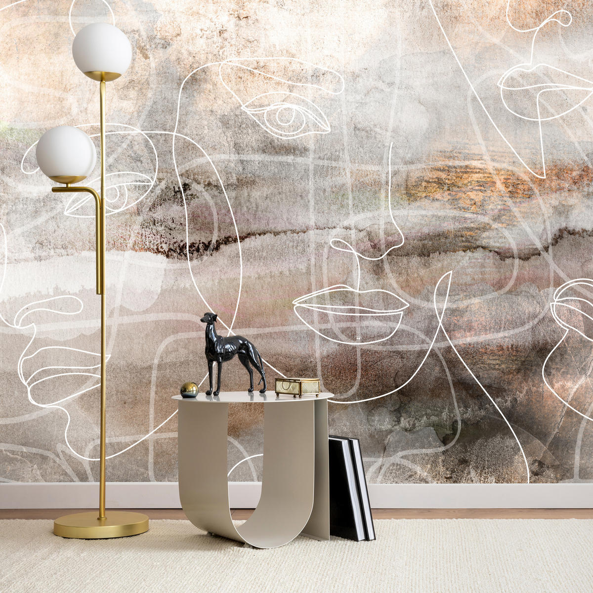 FOTOTAPETE für Wohnzimmer Gesichter Abstraktion Line-Art Modern 200x140 - Beige/Braun, Papier (200/140cm) - Muralo