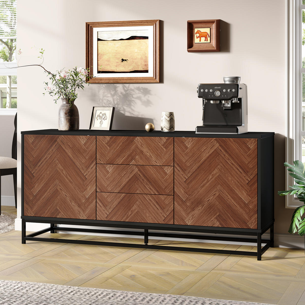 SIDEBOARD aus Spanplatte und Metall 145x40x67 cm Eichefarben-Schwarz mit 3 Schubladen, 2 Türen und verstellbaren Einlegeböden - Schwarz, Metall (145/67/40cm) - Modfu