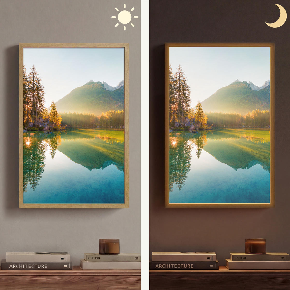 WANDLEUCHTE MIT AKKU See - Wald - Berge - Natur - Sonne - Landschaft 40x60 cm - Grün, Holzwerkstoff (40/60/8cm) - OnlyWow