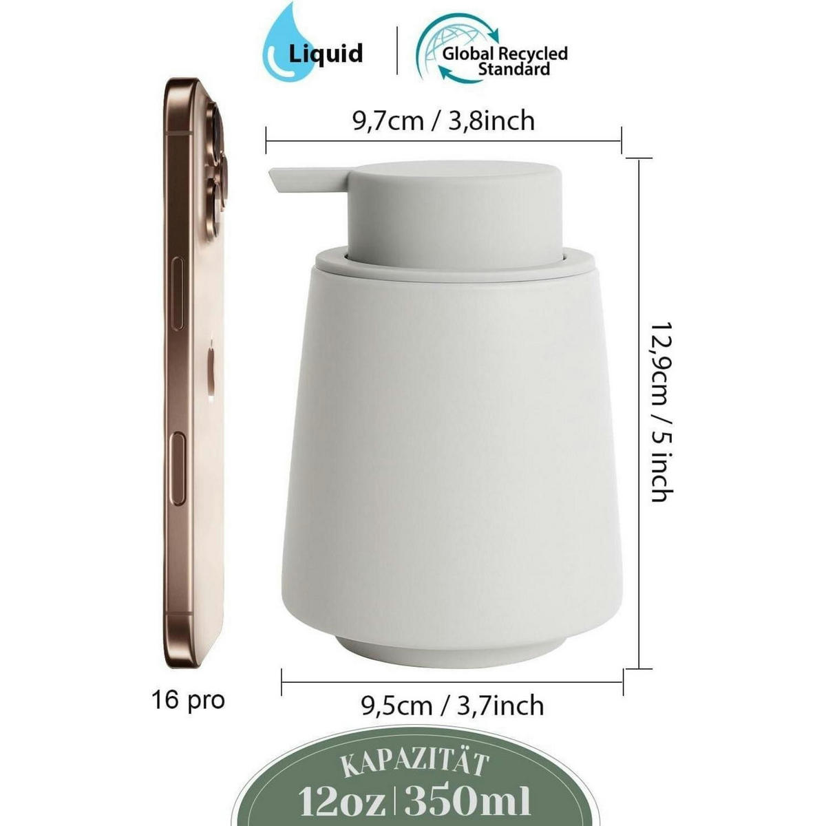 SEIFENSPENDER Keramik Grau 400 ml - Grau, Keramik (9.5/12.9/9.5cm)
