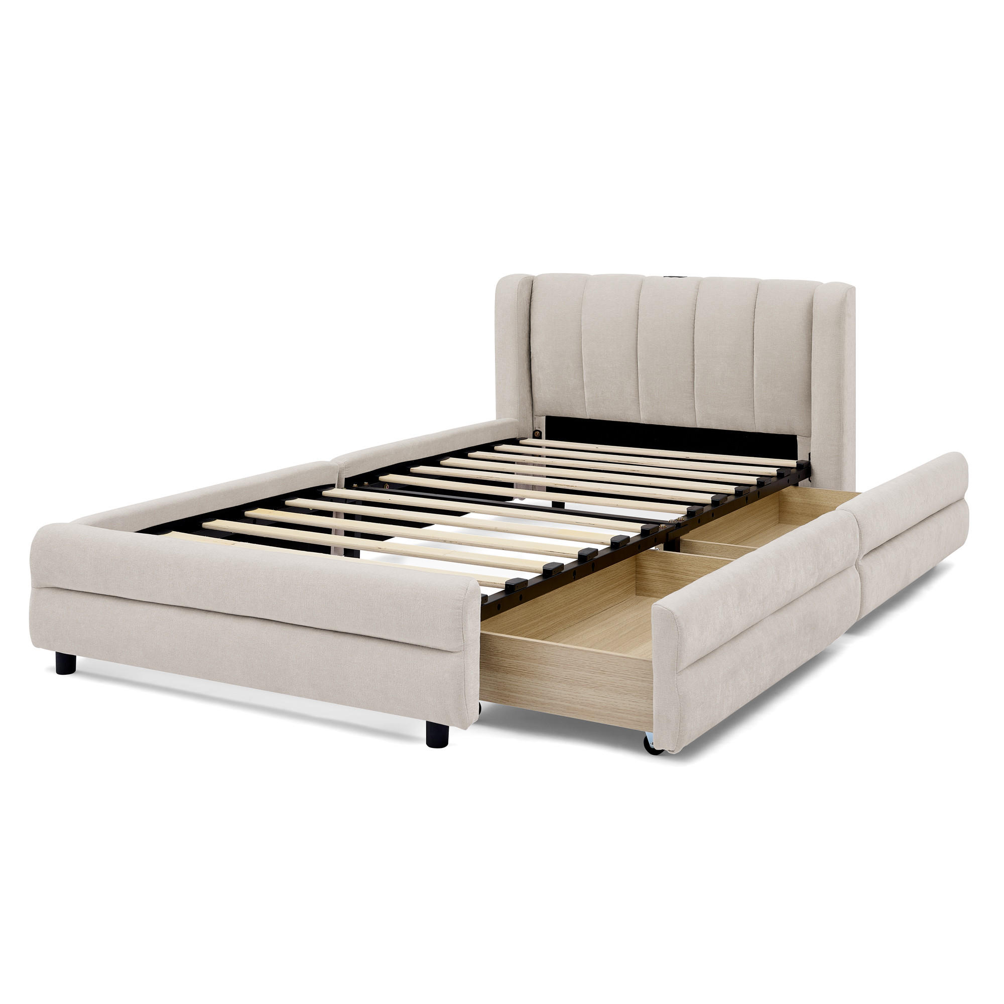 EINZELBETT 90x200 cm USB Stauraum beige - Beige, Textil (90/200cm) - LEBENLANG