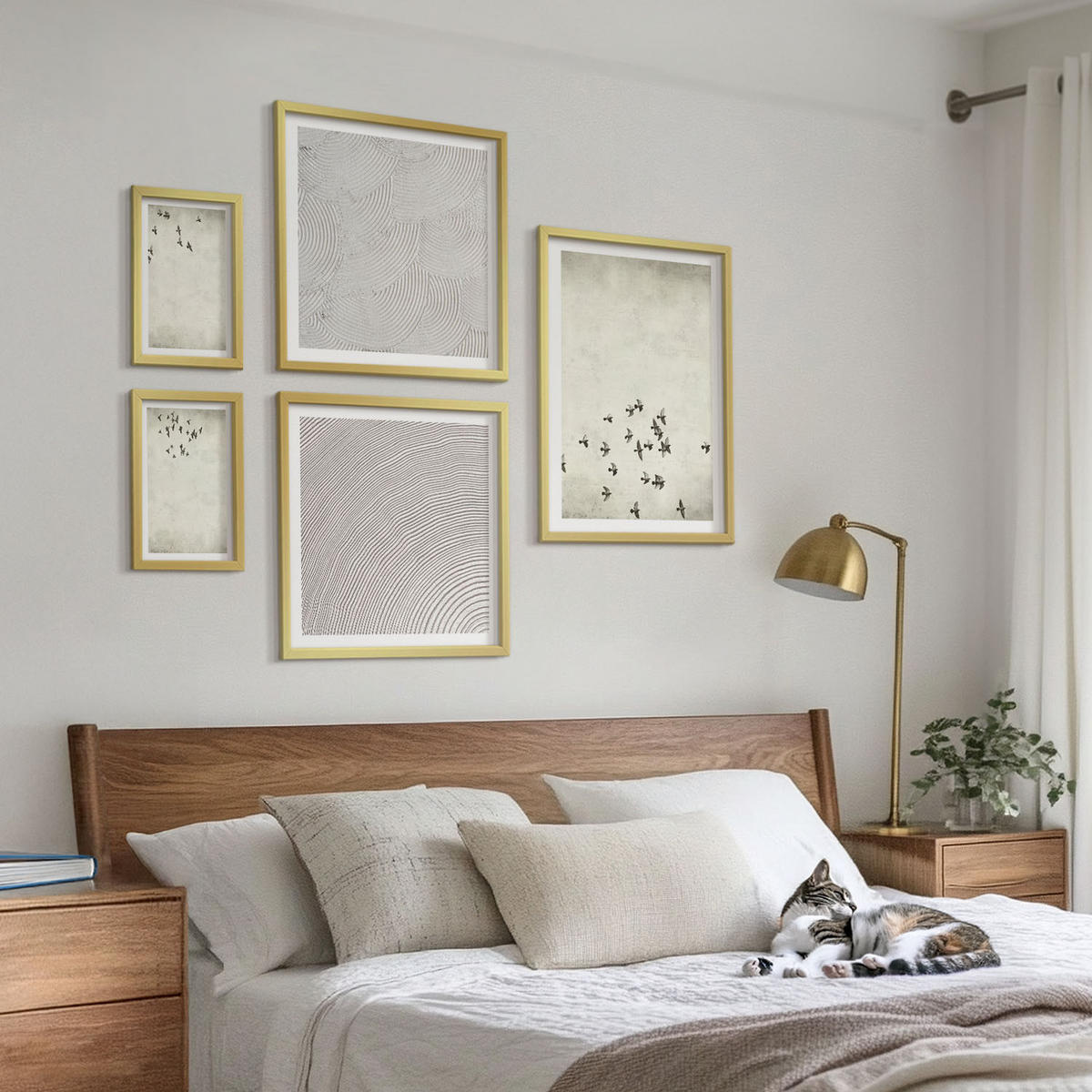 WANDBILDER 5er Set - 50x50 cm & 20x30 cm & 40x60 cm Goldrahmen - Minimalistische Vogelmalerei - Goldfarben, Kunststoff (40/60cm) - ArtPrintCave