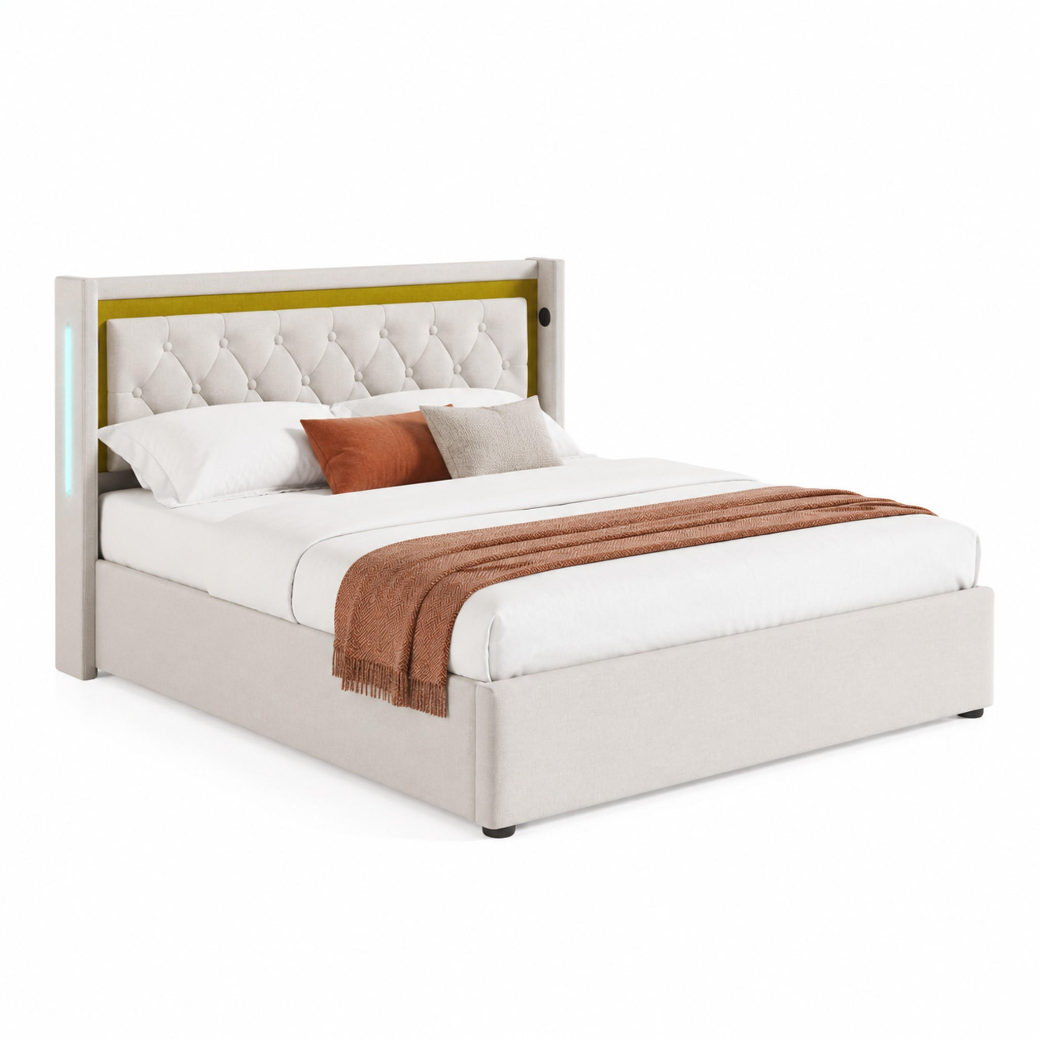 POLSTERBETT mit LED, Stauraum und USB-C 140x200 cm Beige inklusive Matratze - Beige, Metall (140/200cm) - Meubliv