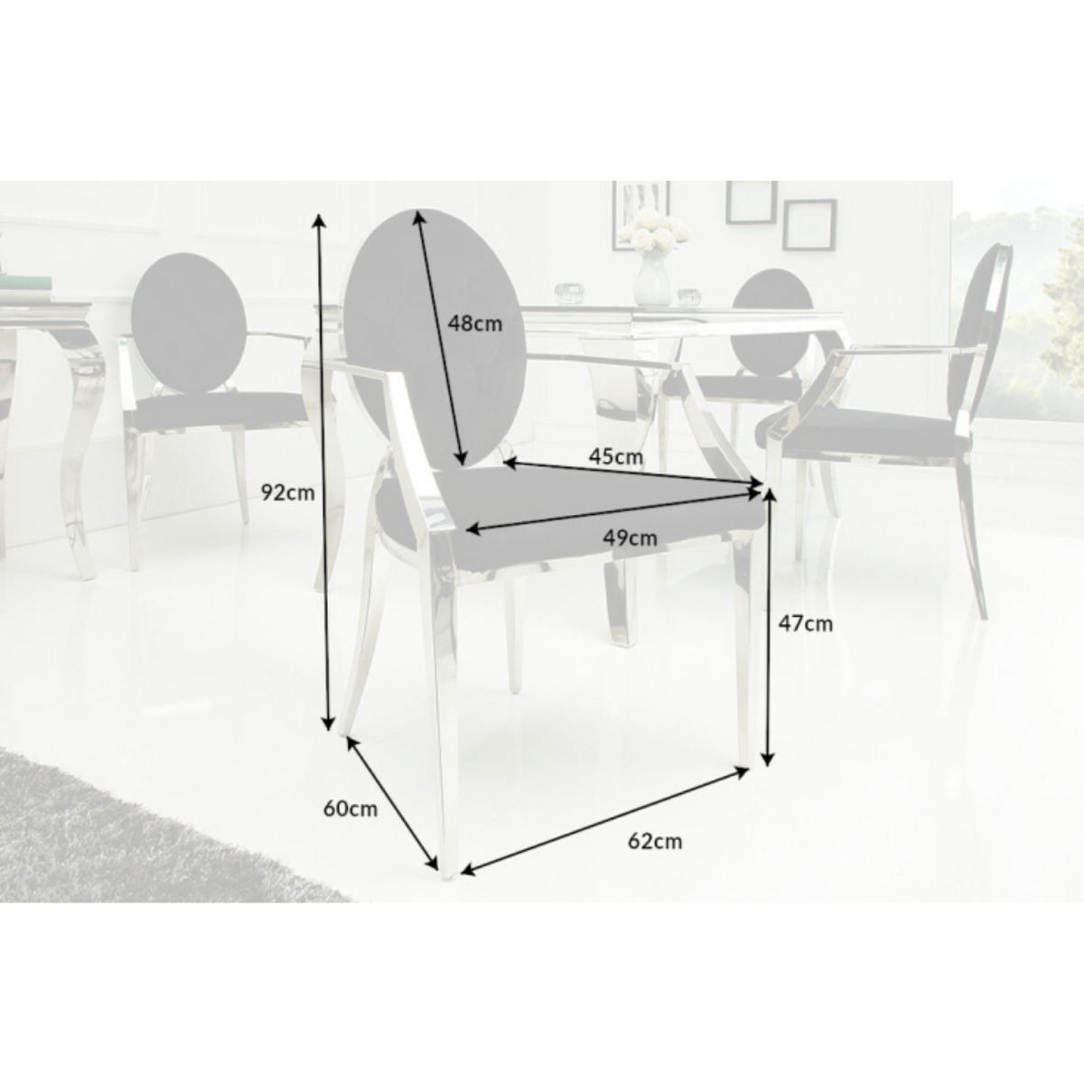 STUHL MODERN BAROCK Samt Schwarz 90 cm - Silberfarben/Schwarz, Textil/Metall (62/92/60cm) - riess-ambiente