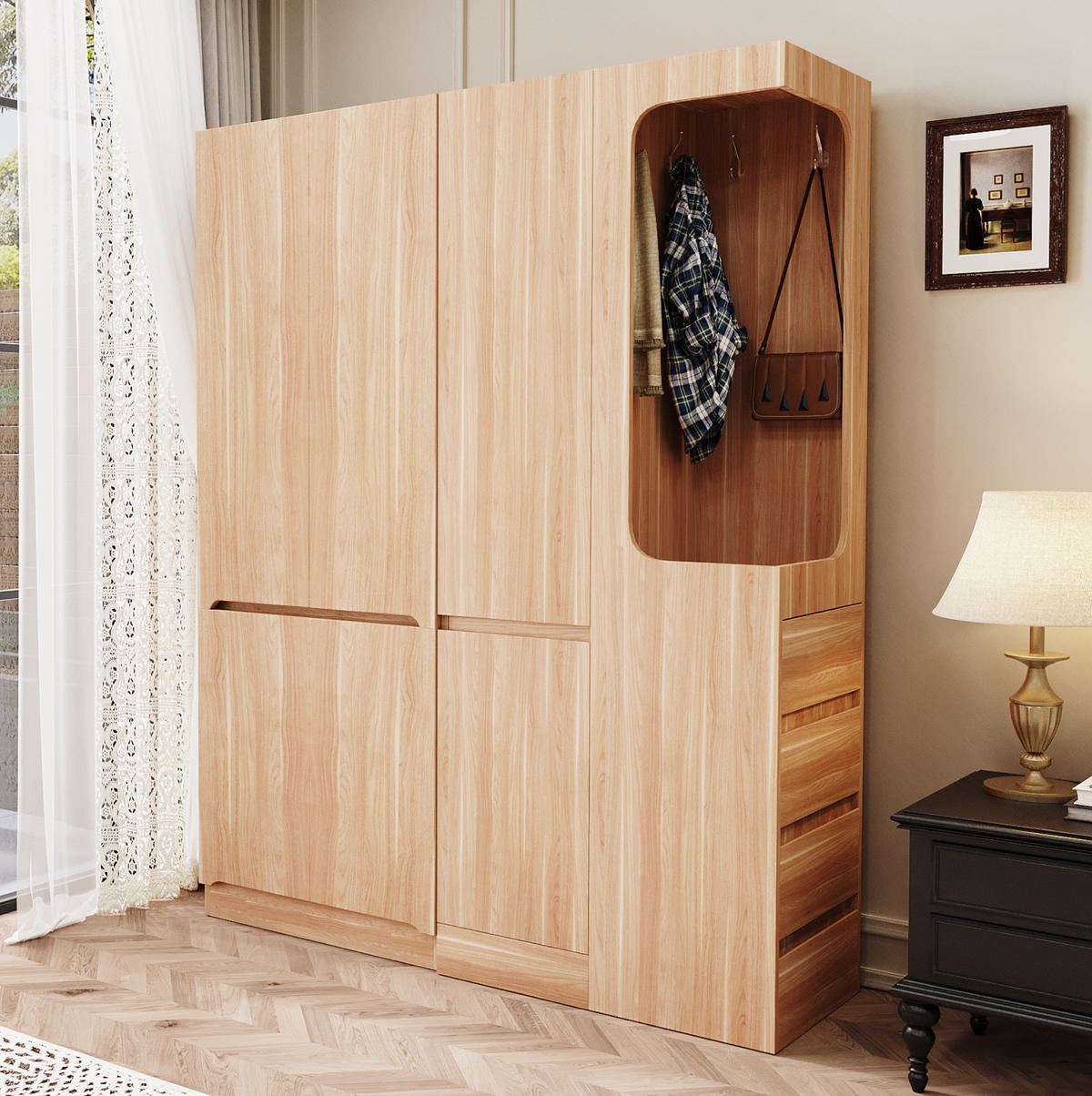 KLEIDERSCHRANK aus Kiefernholz, Sperrholz und MDF 162,5x40x170 cm Holzfarbe mit Schubladen, Staufächern und offenem Hängebereich - Nussbaumfarben, Holzwerkstoff (162.5/170/40cm) - Modfu