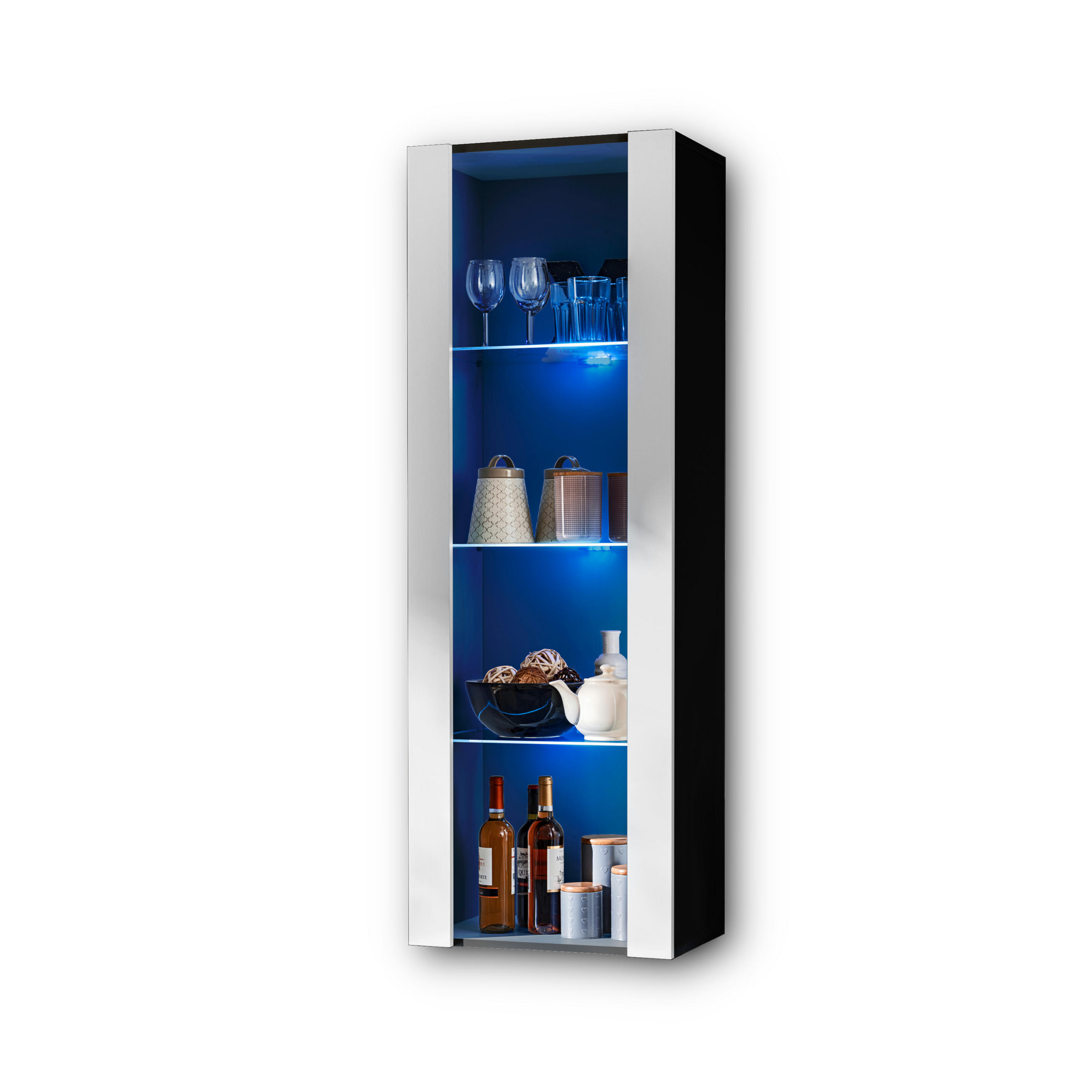 VITRINE TIVOLI, Schwarz + Weiß, LED Blau - Schwarz/Weiß, Glas/Holzwerkstoff (55/159/35cm) - Komodee