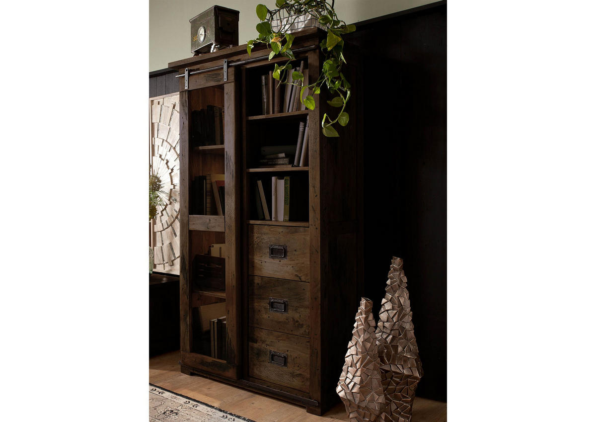 VITRINE Mango 100x45x175 braun lackiert RAILWAY #426 - Braun, Holz (100/175/45cm) - Massivmoebel24