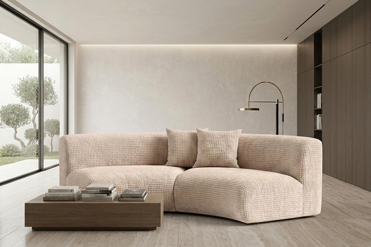 SOFA Round, Chenille-Stoff Cremona, Creme, GRETA - Creme, Holz (294/70/89cm) - Kaiser Möbel