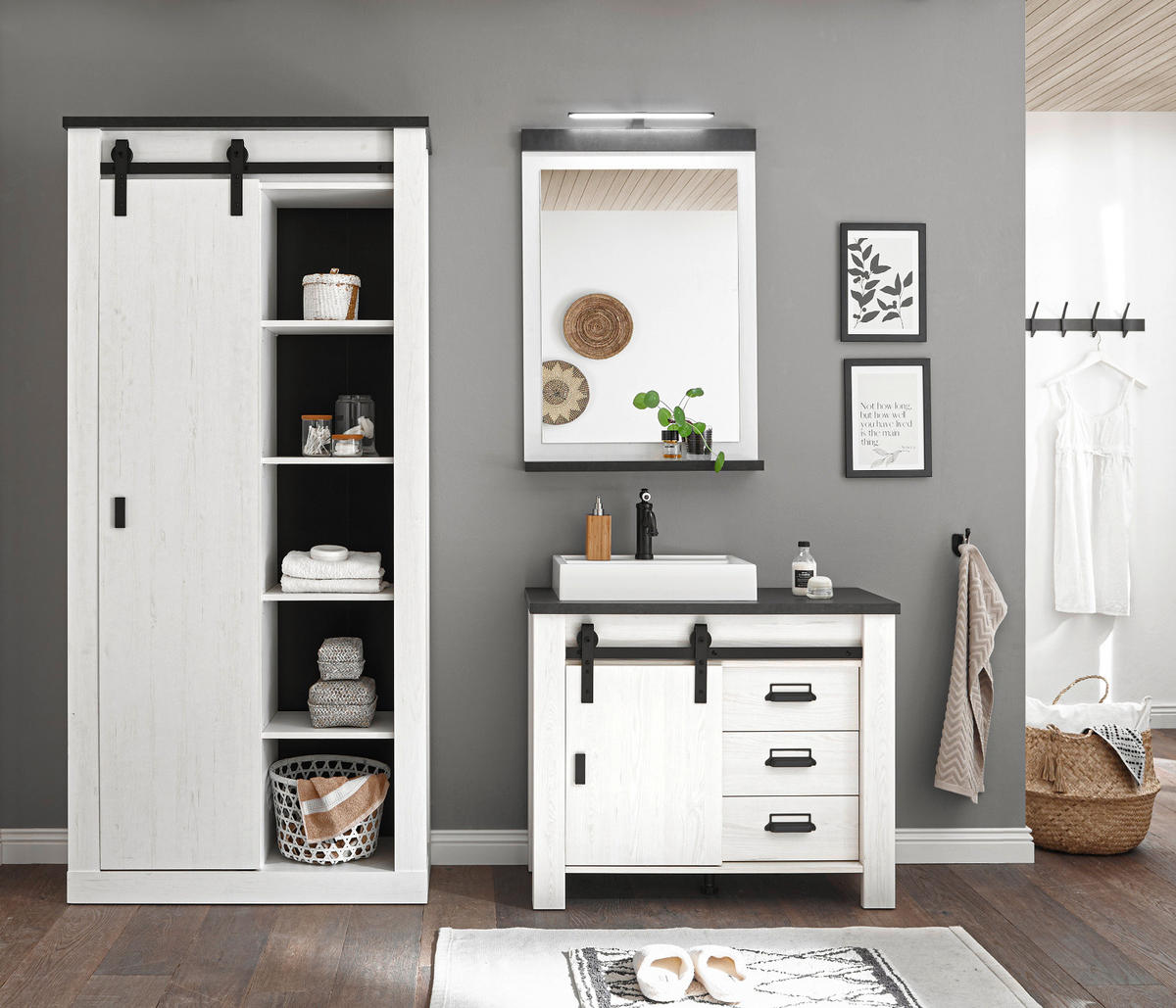 HOCHSCHRANK weiß Pinie, anthrazit Landhaus, Badschrank mit viel Stauraum - Anthrazit/Weiß, Holzwerkstoff/Metall (93/201/38cm) - Furn.Design