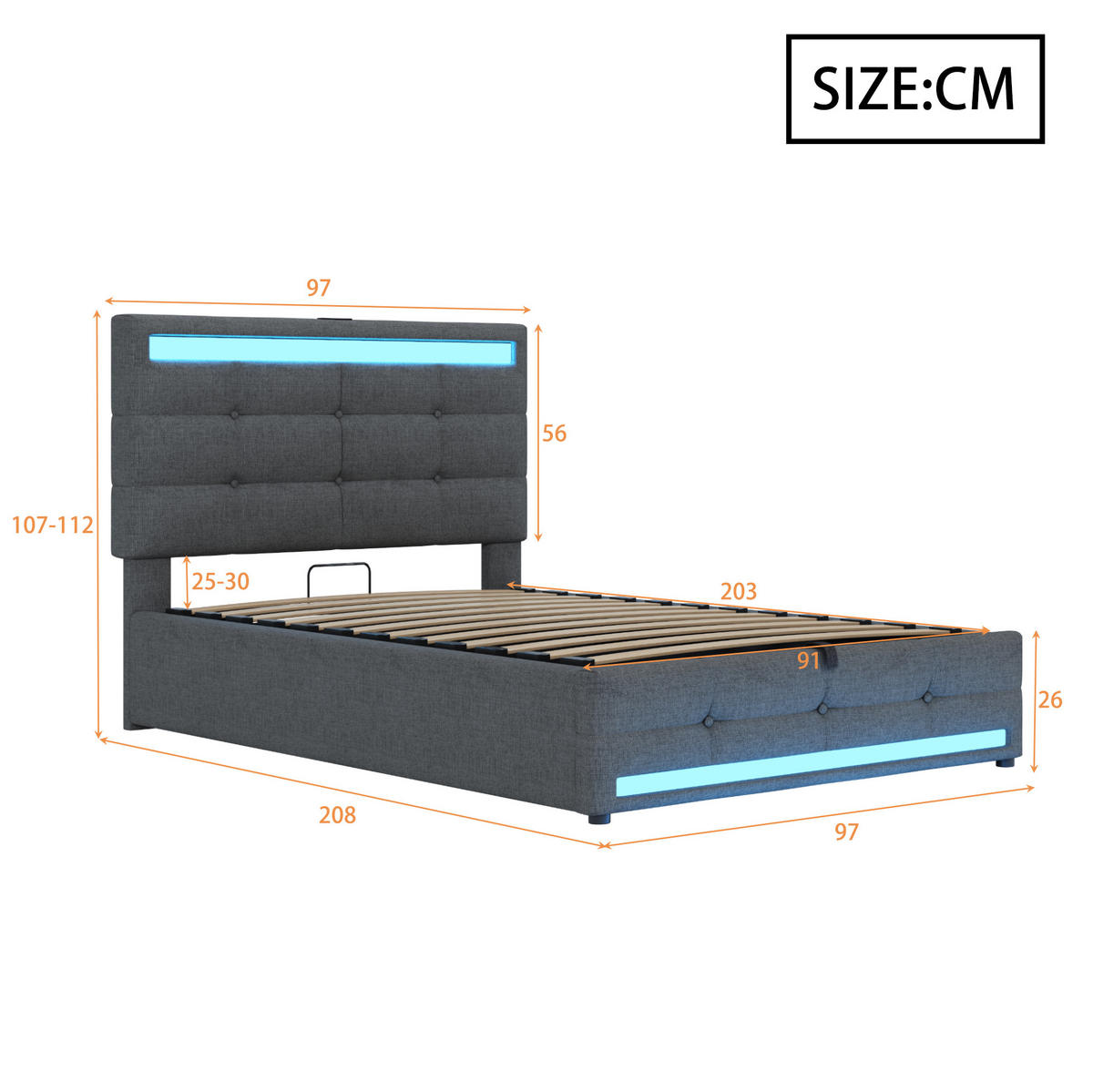 ČALOUNĚNÁ postel 90/200 cm šedá z tkaniny s LED osvětlením a USB - šedá, textil (90/200cm) - OKWISH