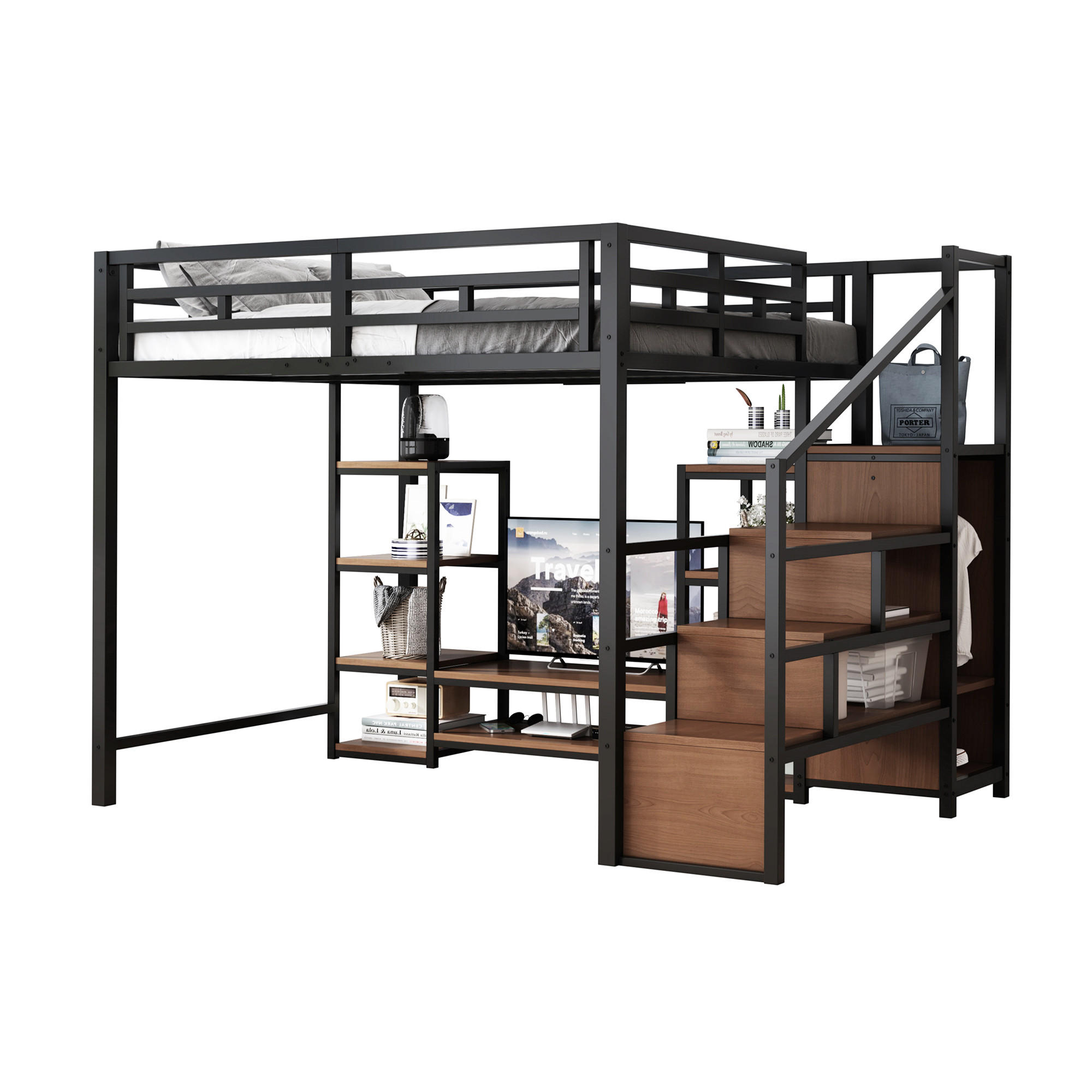 HOCHBETT 140/200 cm schwarz mit TV-Ständer und Steckdose - Schwarz, Metall (140/200cm) - OKWISH