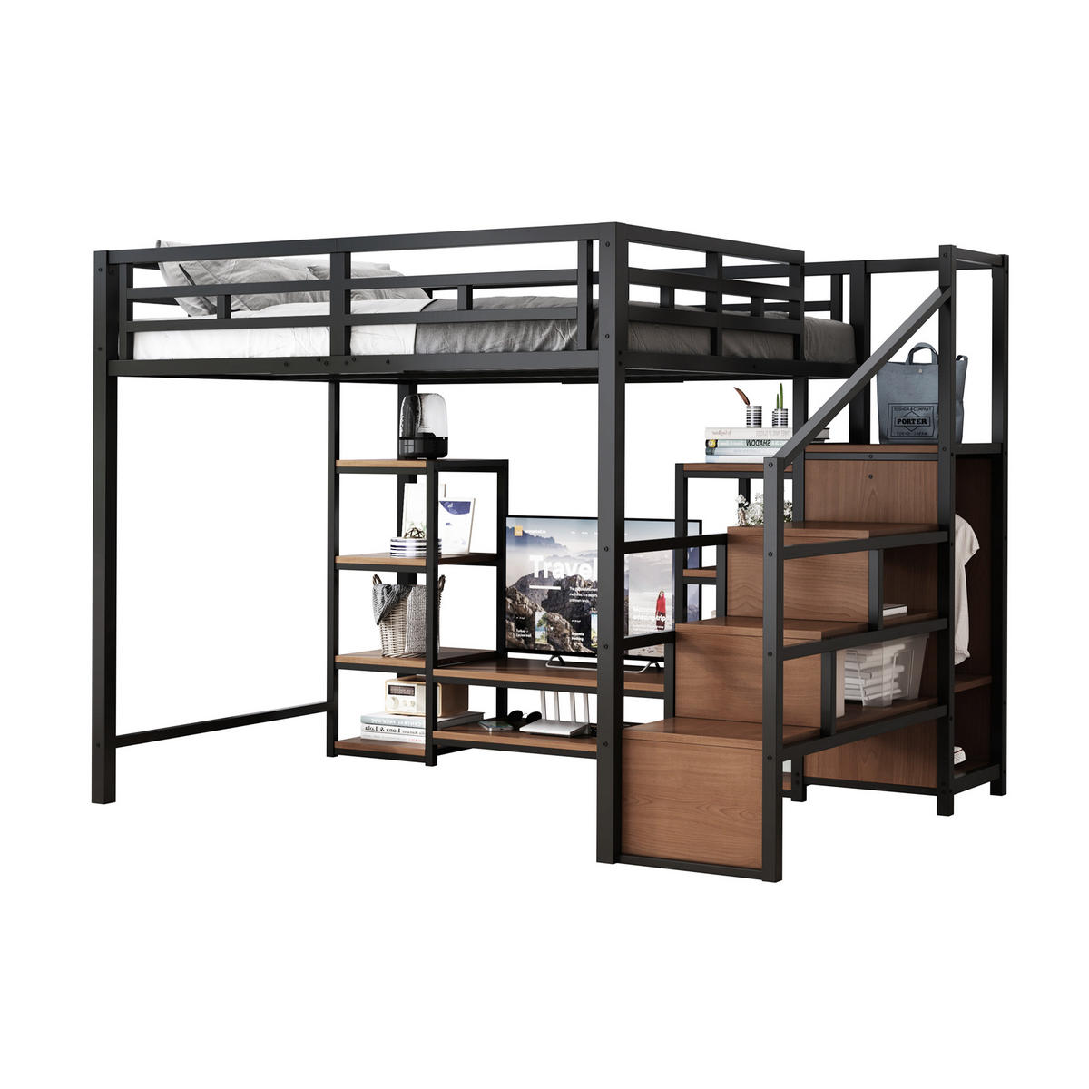 HOCHBETT 140/200 cm schwarz mit TV-Ständer und Steckdose - Schwarz, Metall (140/200cm) - OKWISH