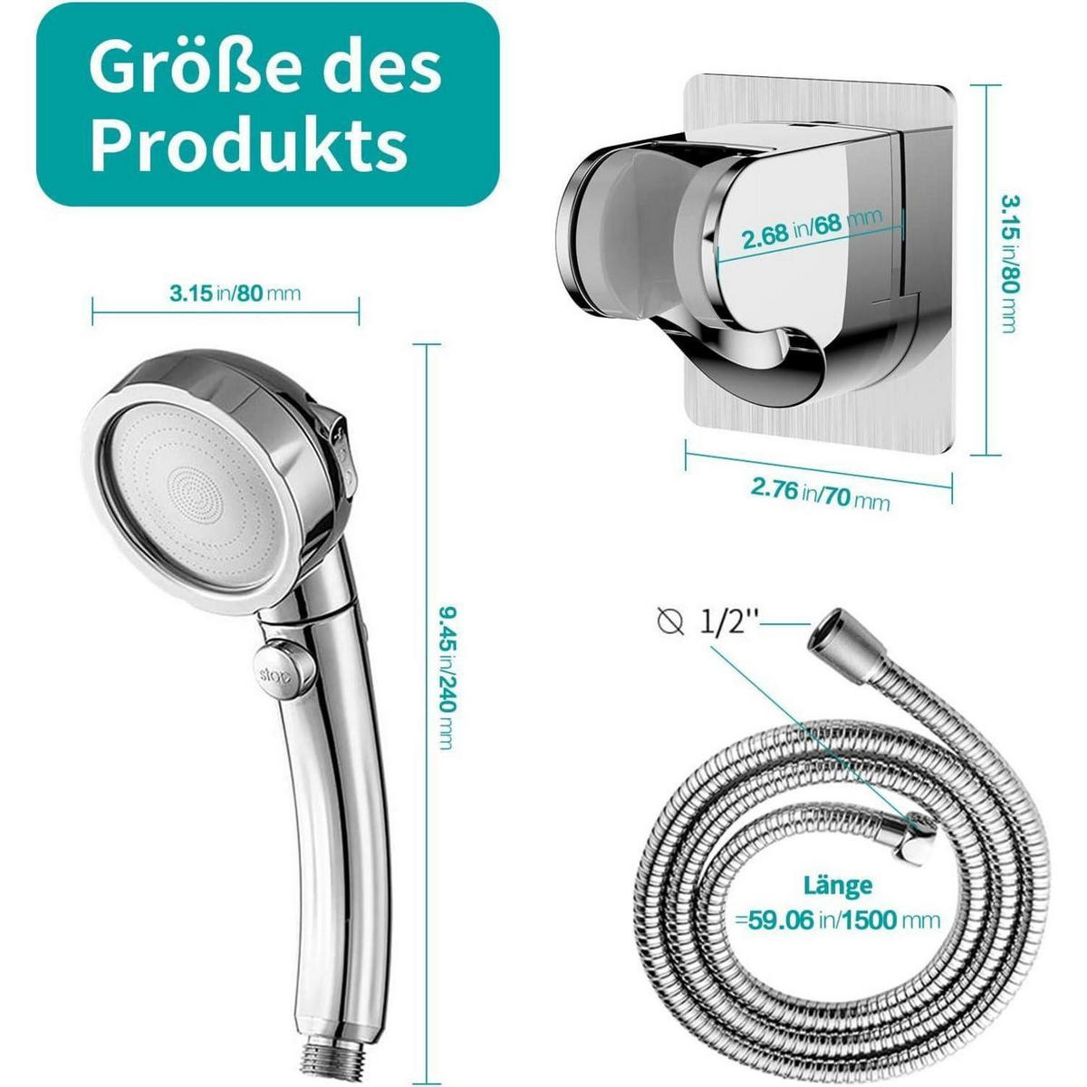 DUSCHKOPF Set mit Wassersparfunktion und 3 Strahlarten - Silberfarben, Metall (8/12.7/24cm)