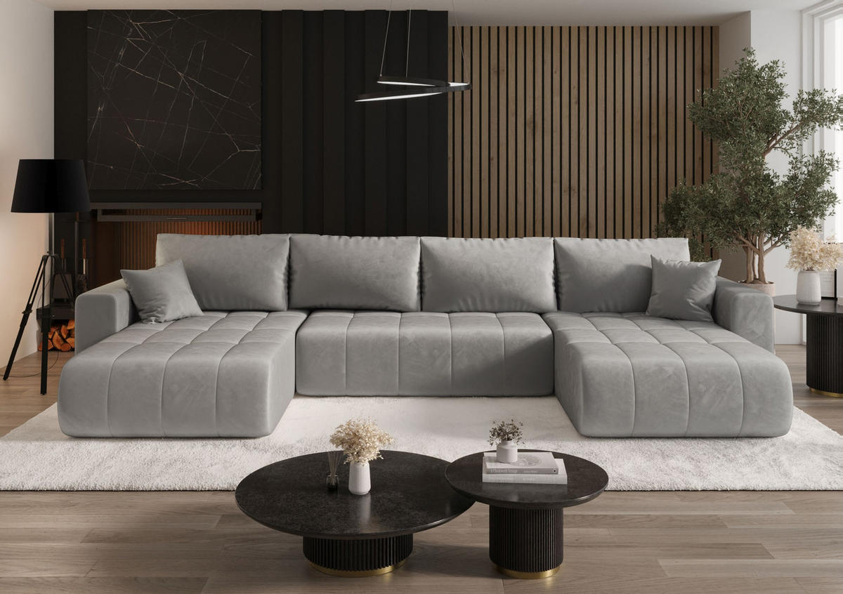 WOHNLANDSCHAFT LARA U-Form hellgrau Velours Monolith 84 - Schlaffunktion, Bettkasten - Hellgrau, Textil (385/85/175cm) - Cornero