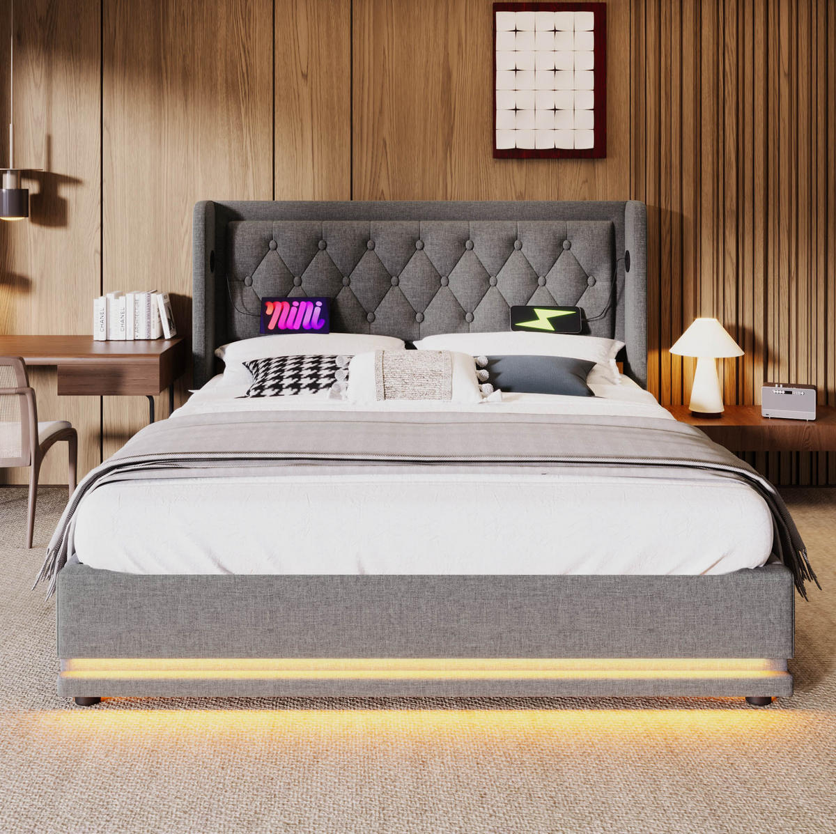 POLSTERBETT mit Stauraum, USB & LED 160x200 cm Baumwolle Grau inkl. Matratze - Grau, Metall (160/200cm) - Meubliv