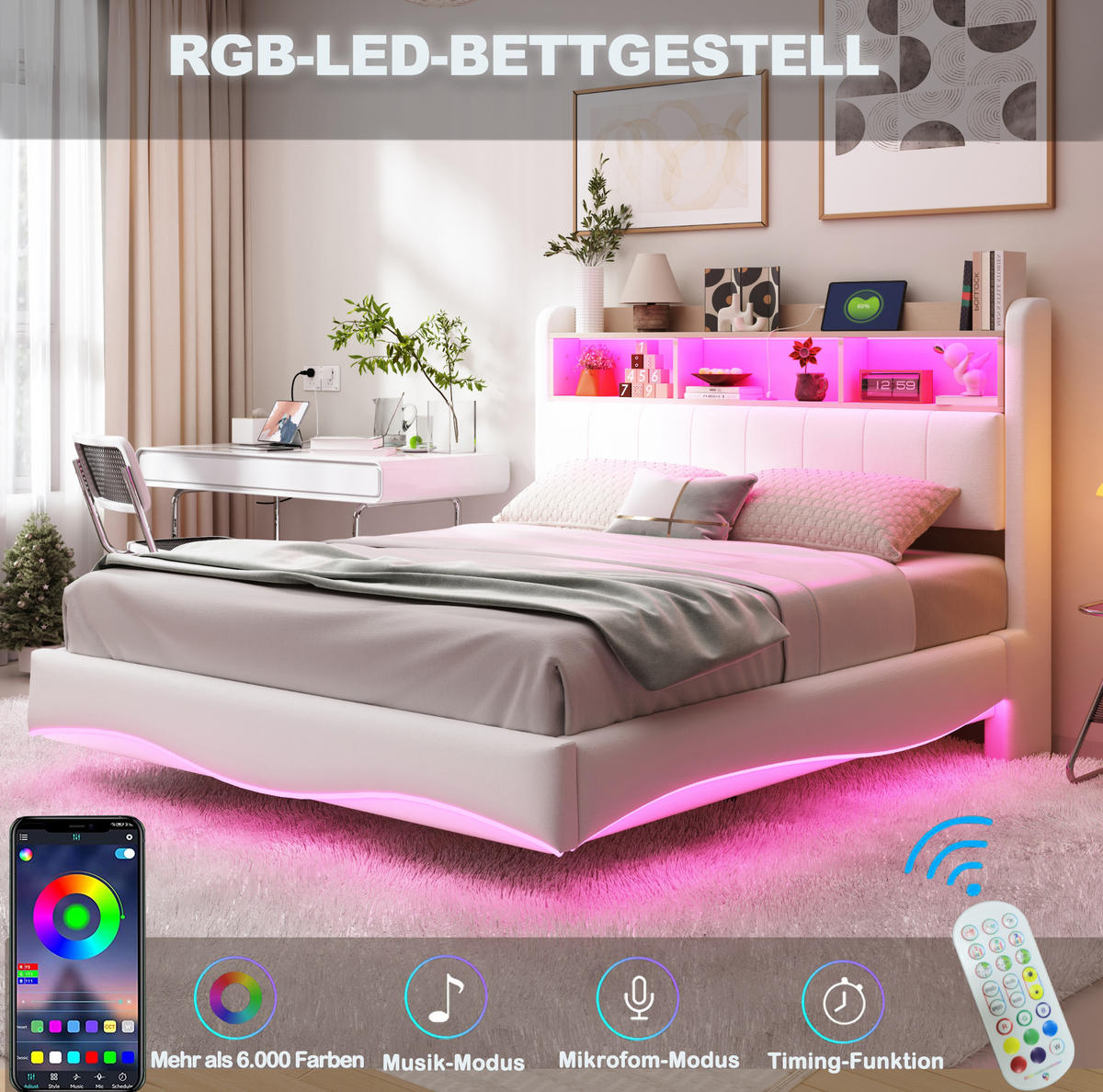 POLSTERBETT 160/200 cm Beige aus Stoff mit LED-Beleuchtung und USB-Anschluss - Beige, Textil (160/200cm) - OKMYHOME